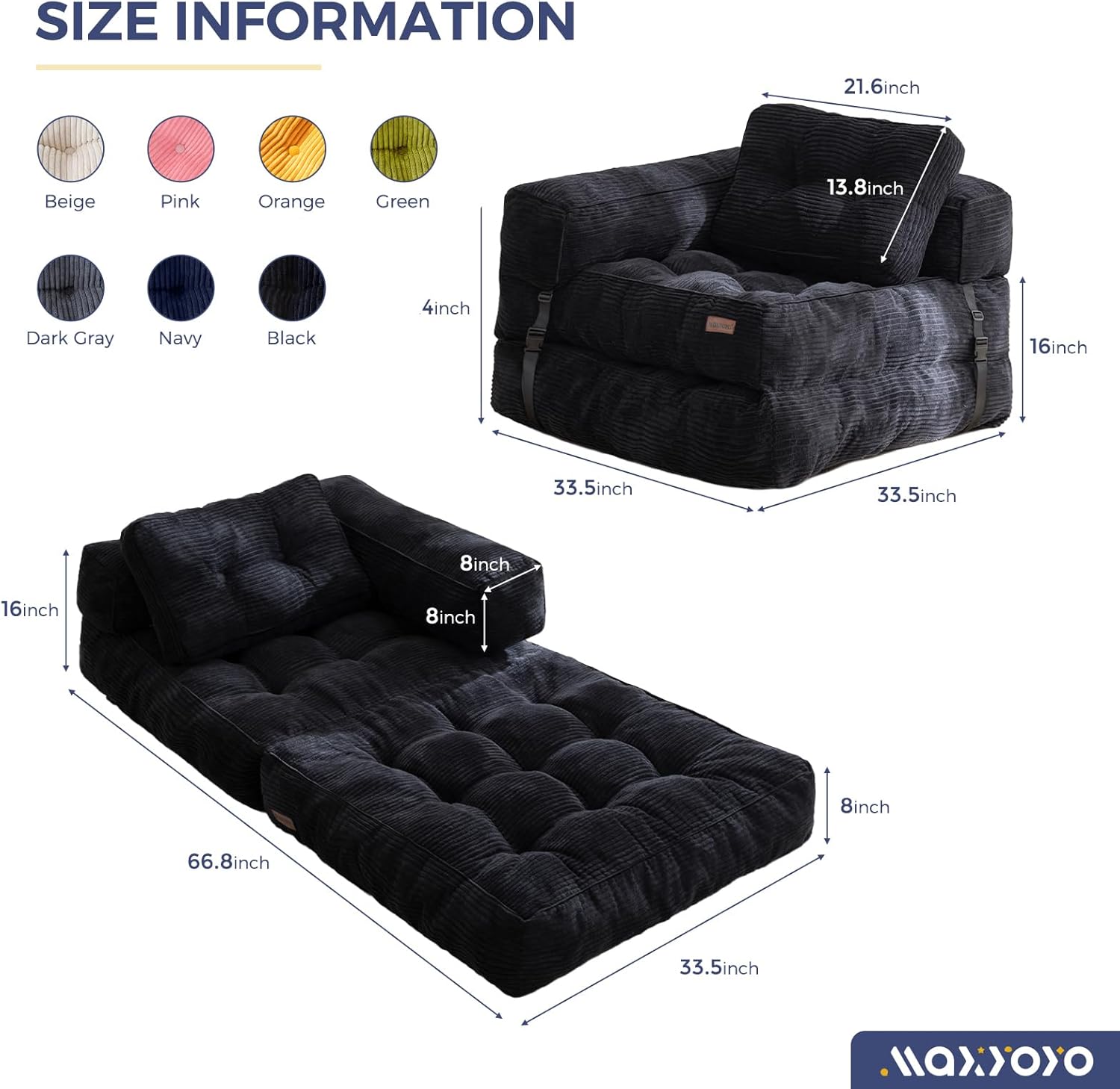 MAXYOYO Folding Sofa Bed, L-Shaped Convertible Sofa with Armrest Foldable Sleeper Bed with Pillow, Portable Fold Out Chair Comfy Floor Lounge for Living Room Bedroom, Black
