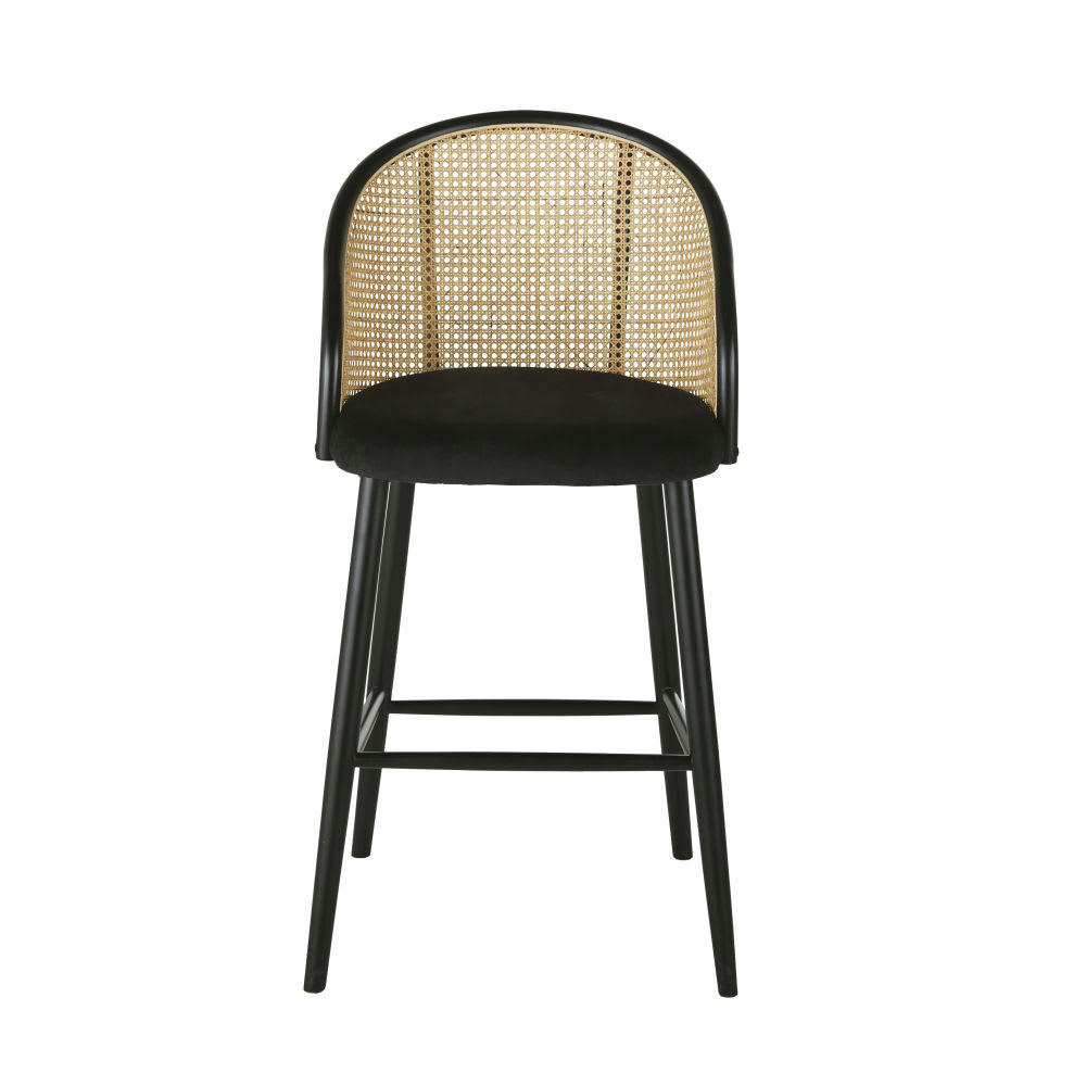 Sockette - Chaise de bar en velours noir et cannage en rotin H75