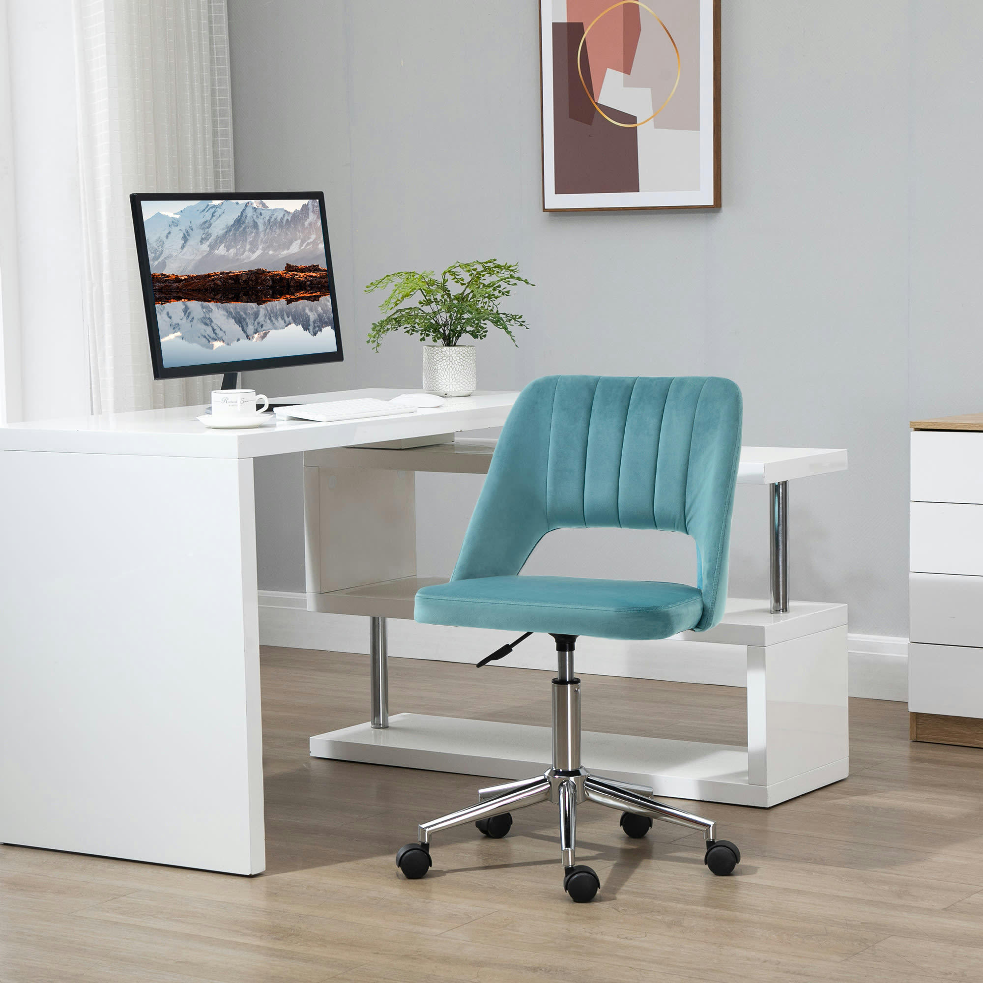 - Chaise de bureau design dossier ajouré strié pied chromé velours bleu