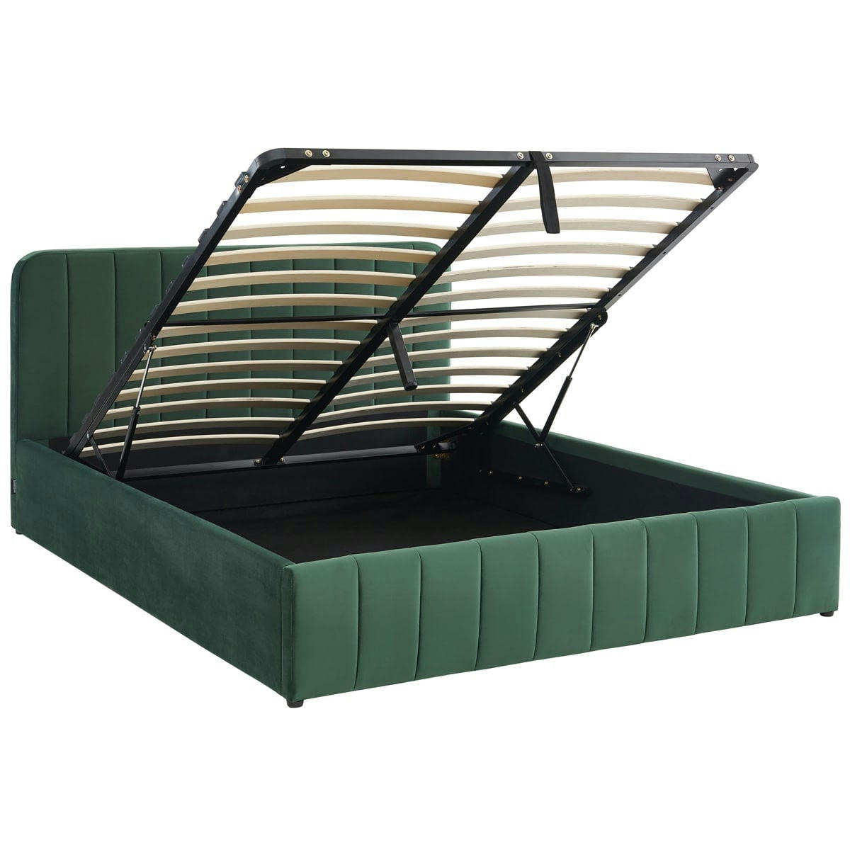 AVA - Lit coffre 160x200 en velours vert + tête de lit + sommier à lattes