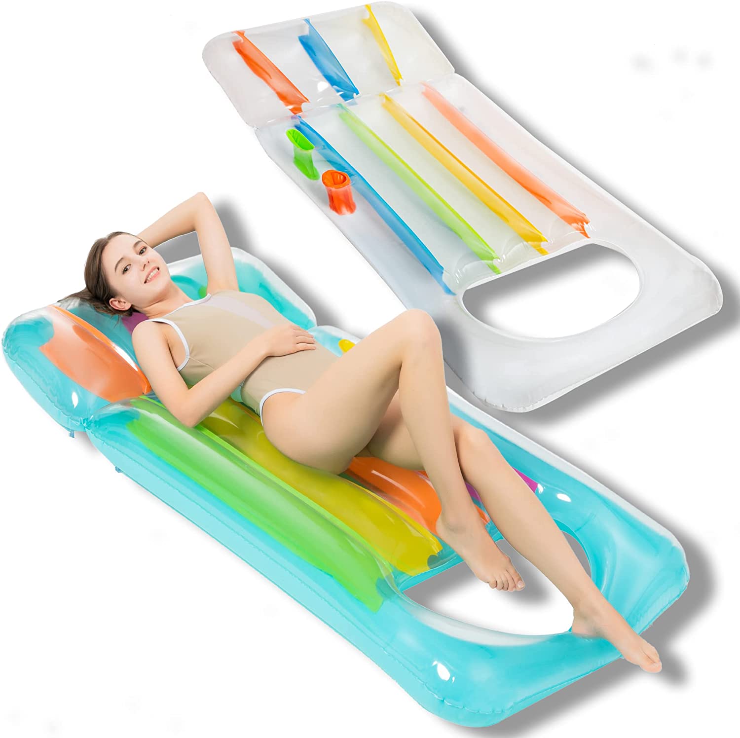 Clearance - Inflatable Rainbow Pool Lounger (blue, gray), 2 Pack