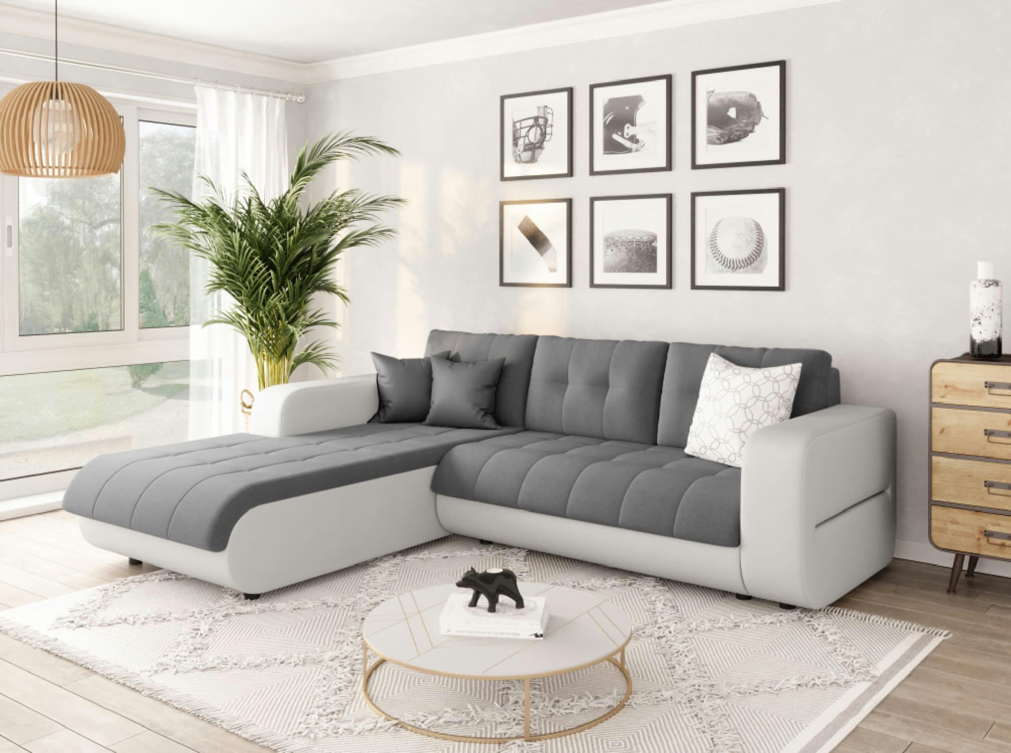 SUZIE - Canapé d'angle gauche convertible bi-matière blanc/gris