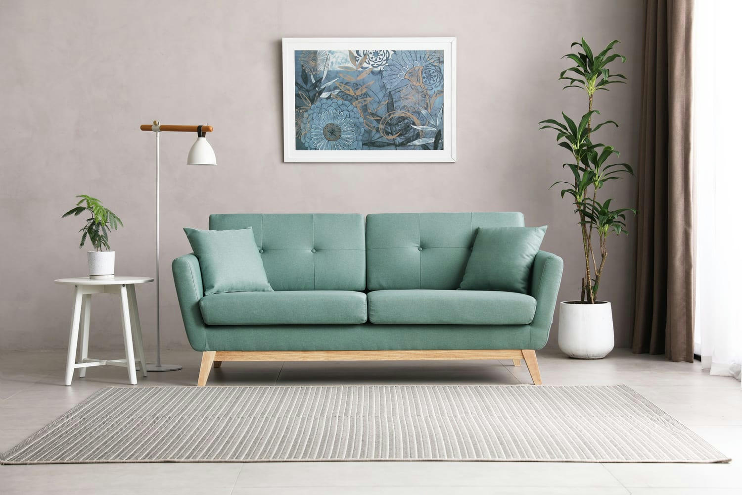 HOGA - Canapé scandinave 3 places et 2 coussins en tissu vert d'eau