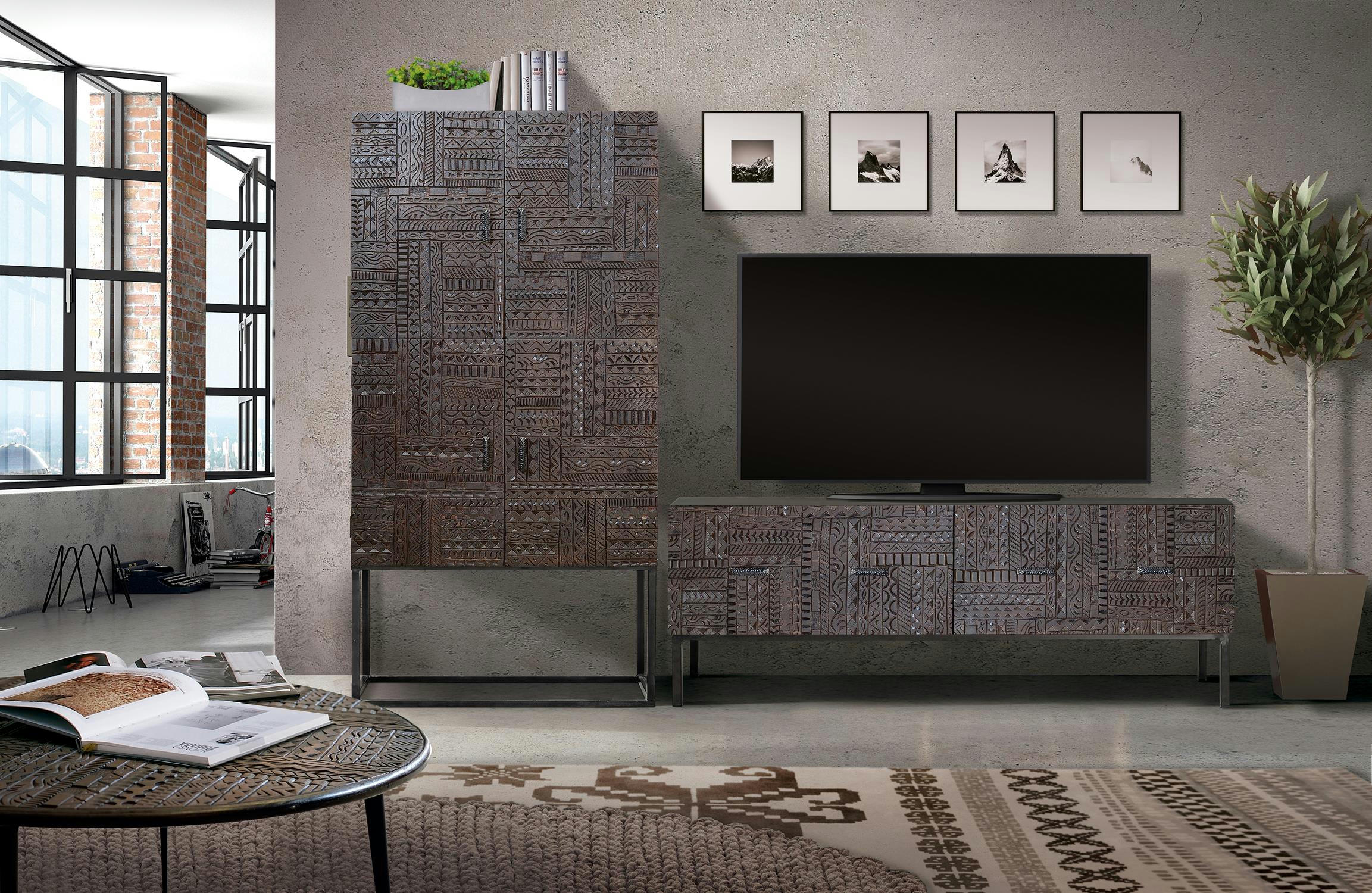 JEROGLIFICO - Vitrine en bois de manguier et pieds en métal en noyer foncé