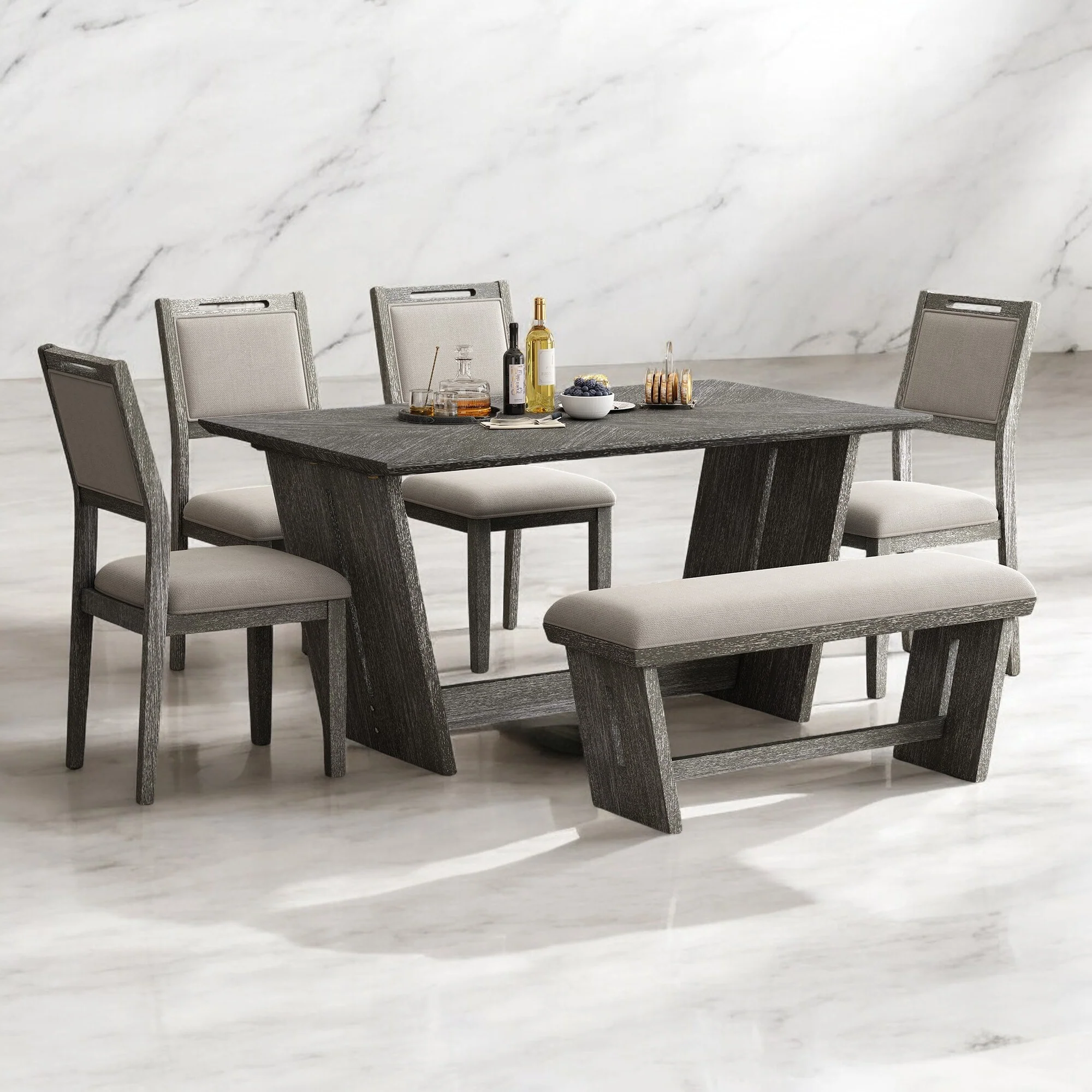 6-Piece Retro Dining Table Set for 6 with Chairs and Bench, Vintage Wood Kitchen Set for Dining Room, Trestle Base