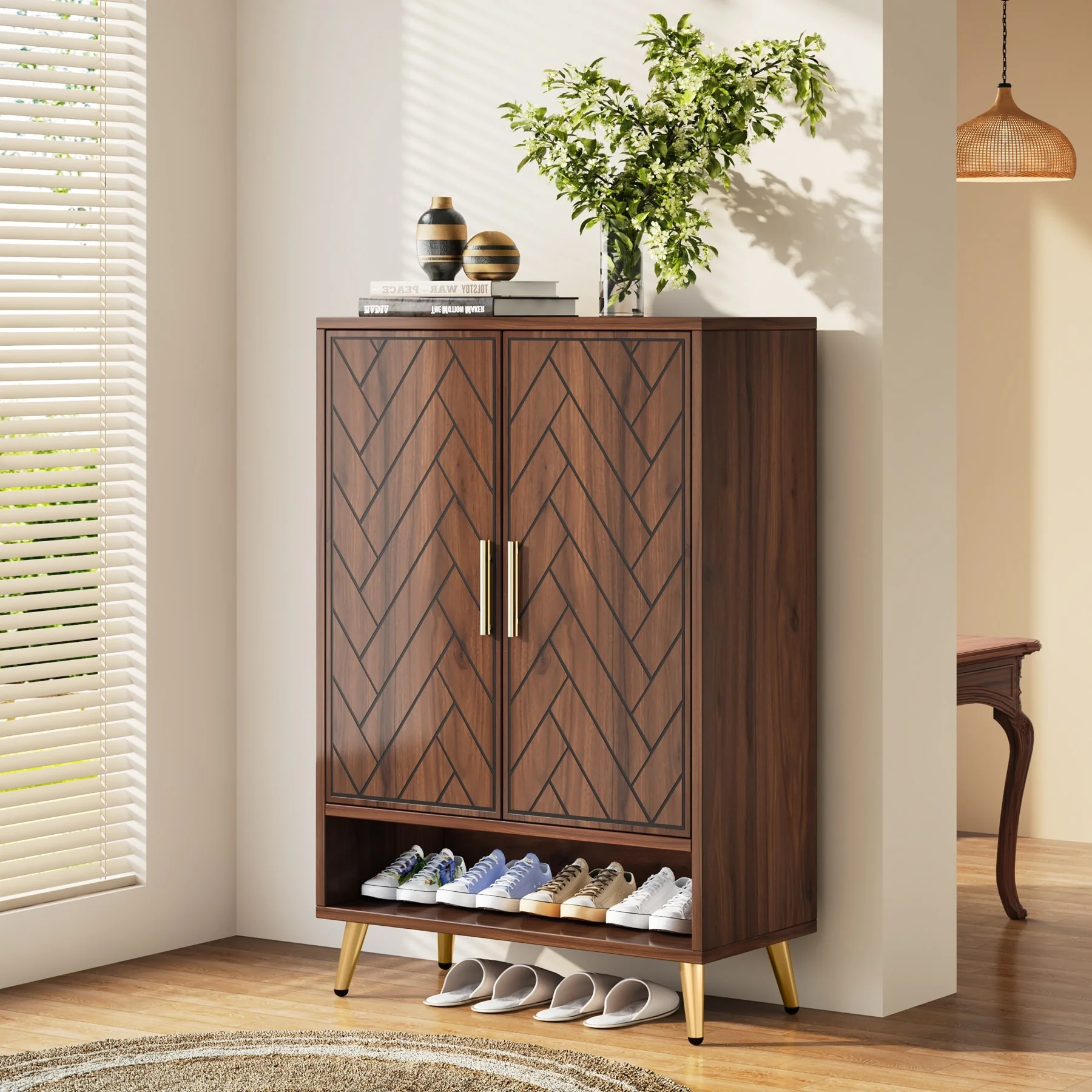 Wood and Metal 2-door Shoe Storage Cabinet with Adjustable Shelves for Entryway