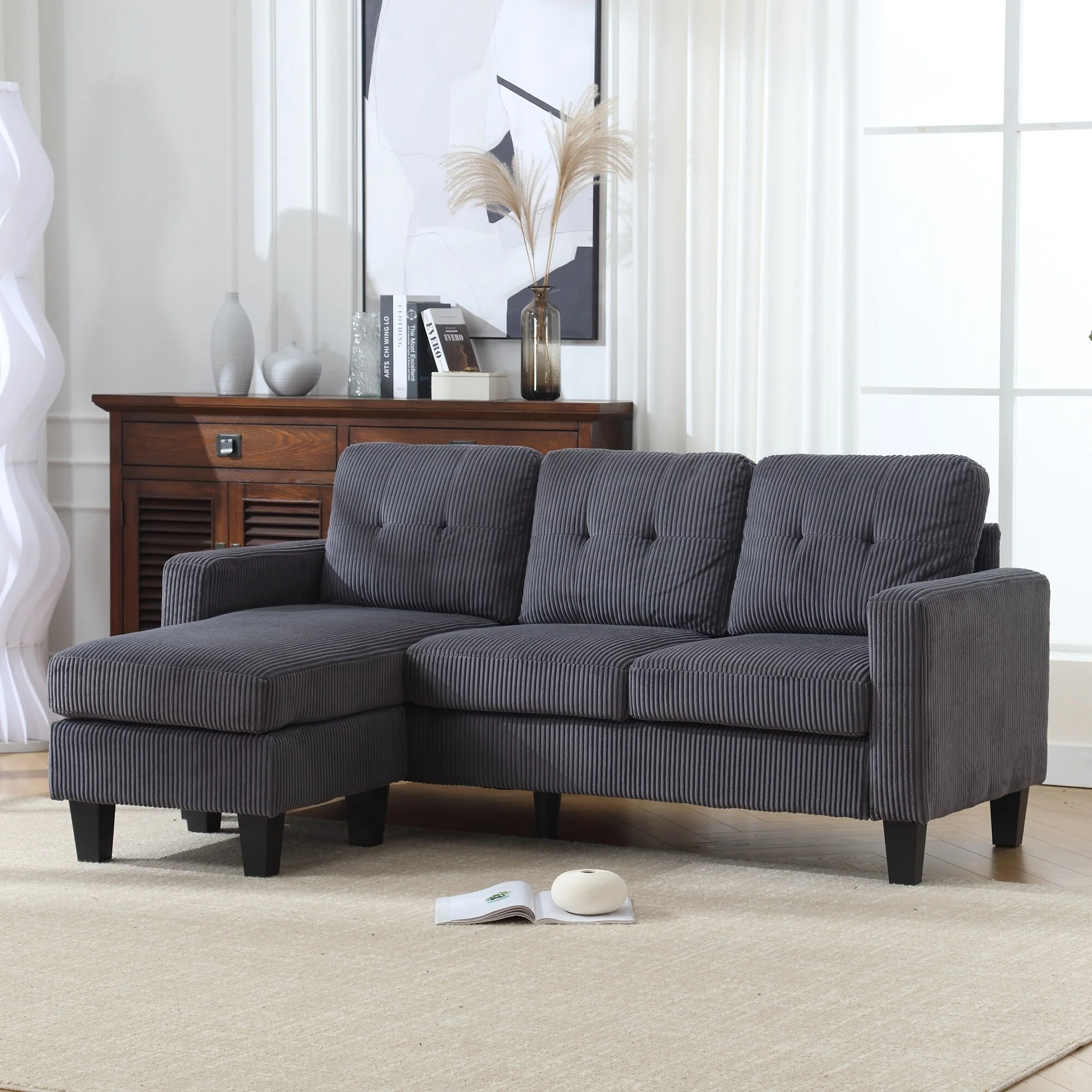 73.62'' Convertible Velvet L-Shaped 3-Seat Sectional Sofa with Ottoman, Reversible Chaise, and Space-Saving Design