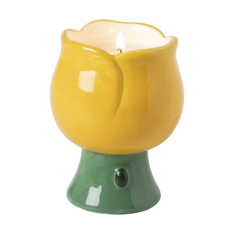 Kaars in bloemenschaaltje klein - geel/groen - &Oslash;7.3x10 cm