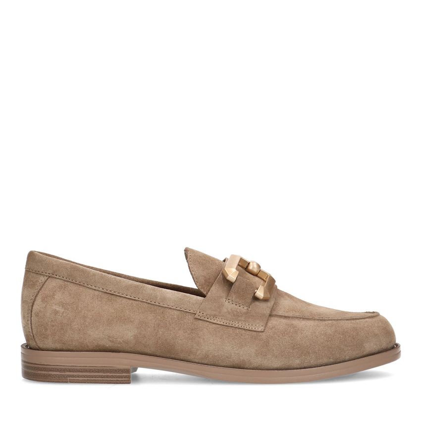 Manfield Beige suède loafers met vierkanten chain
