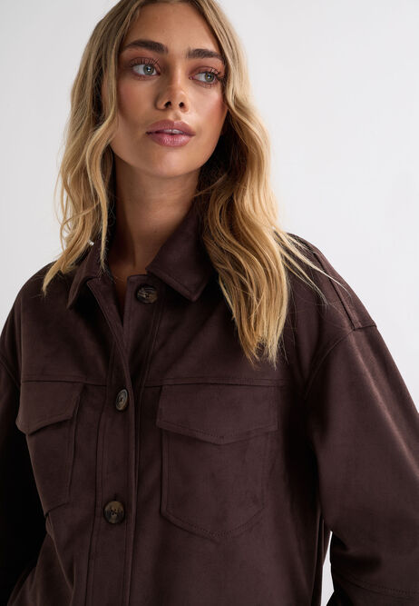 Womens Chocolate Brown Suedette Shirt Jacket