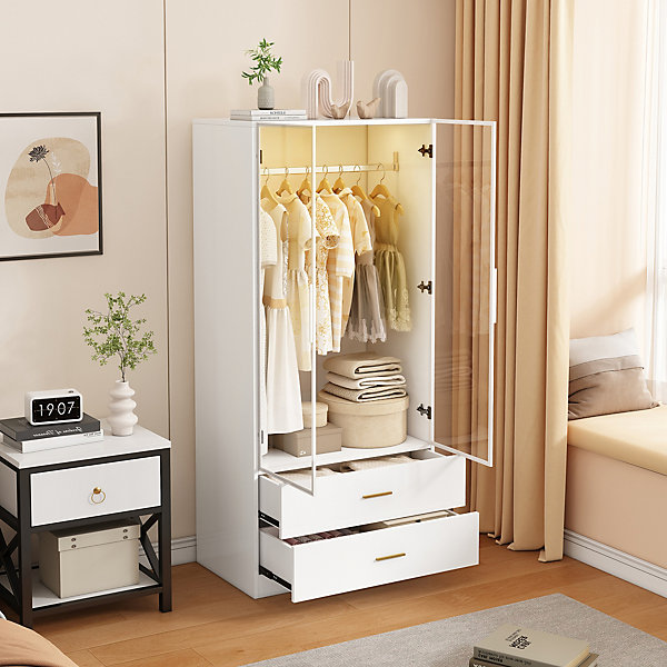 Armoire avec portes en verre trempé et LED, 80x50x175 cm, penderie avec 1 tringle, 2 tiroirs, MDF de qualité supérieure, Blanc