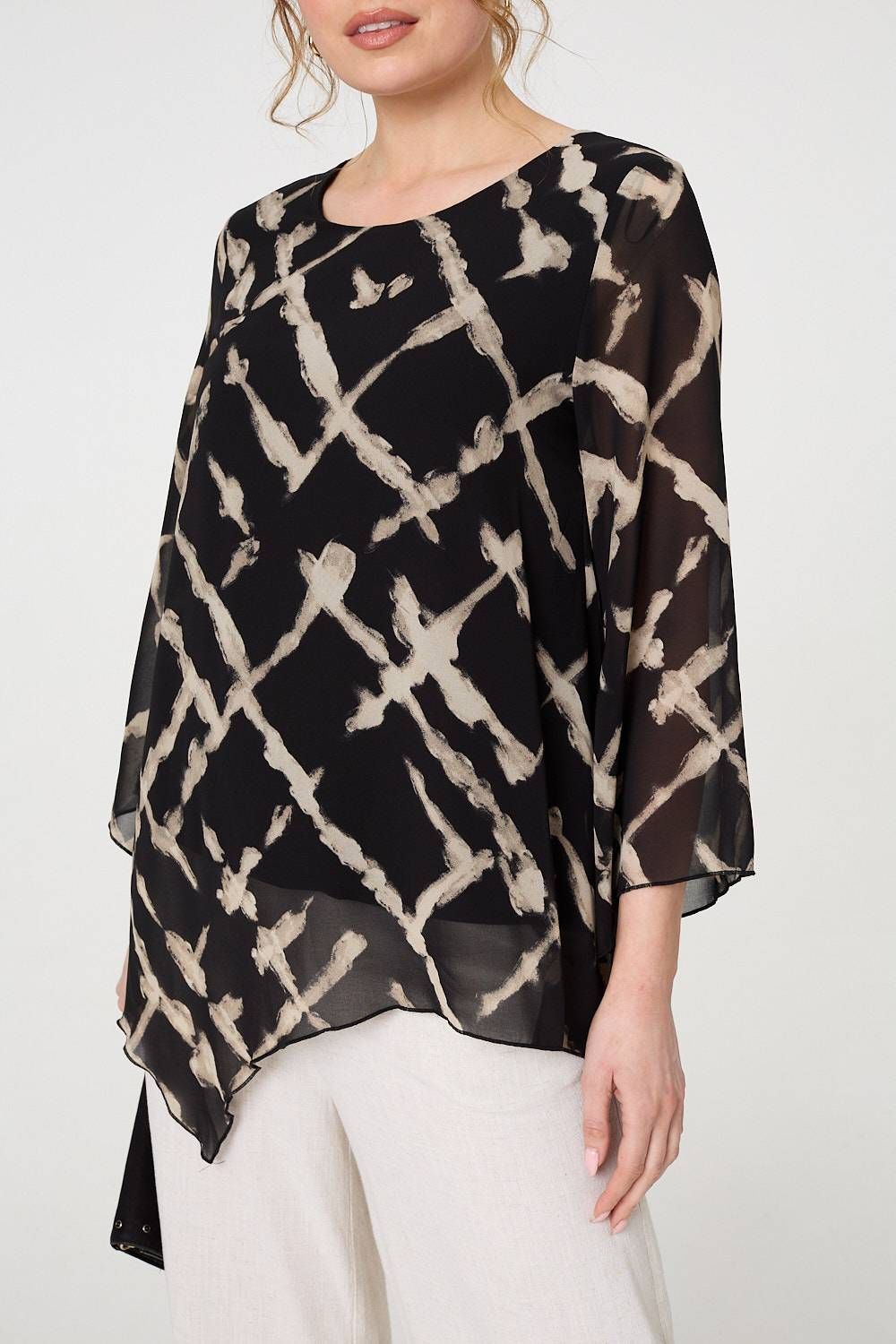 Izabel London Printed Asymmetric Semi Sheer Tunic Top