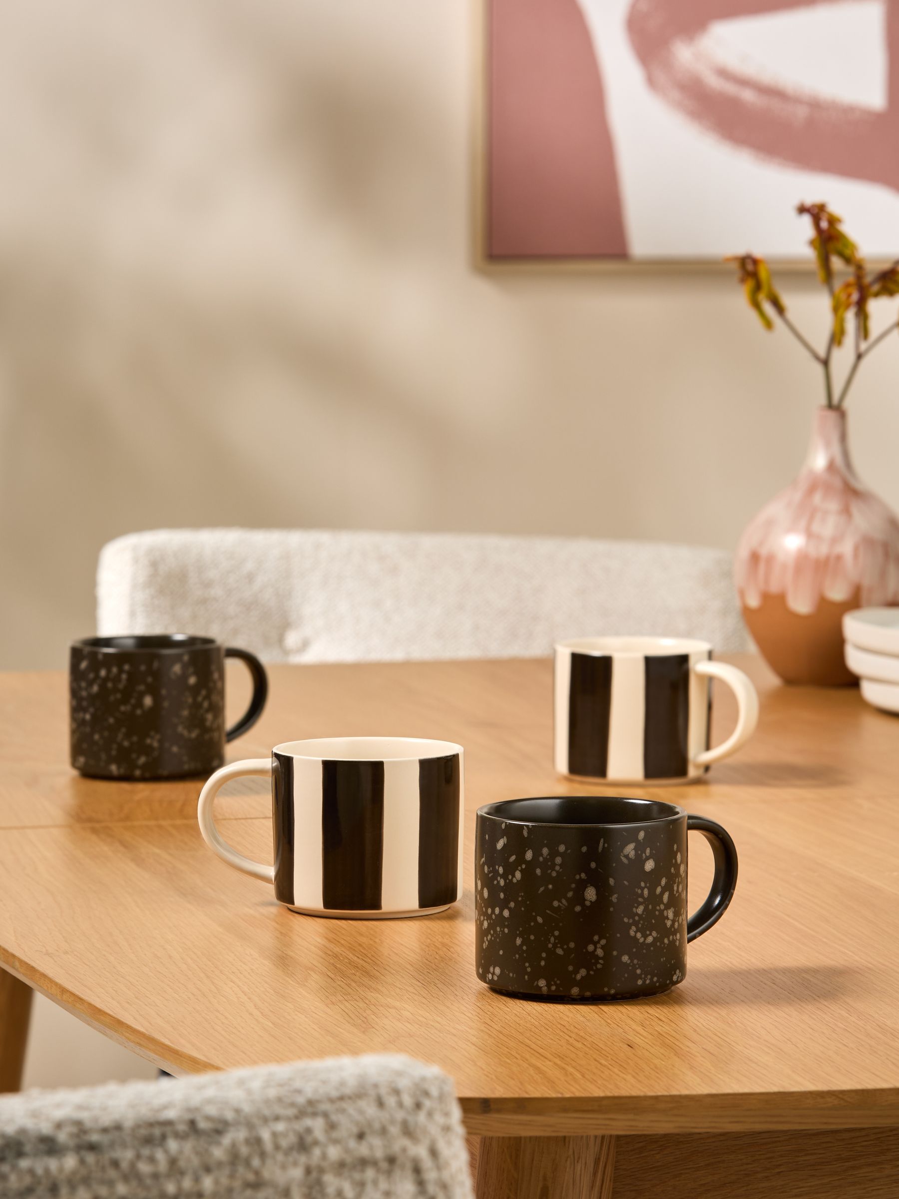 Set of 4 Jovi Hand Painted Stacking Mugs in Black/White
