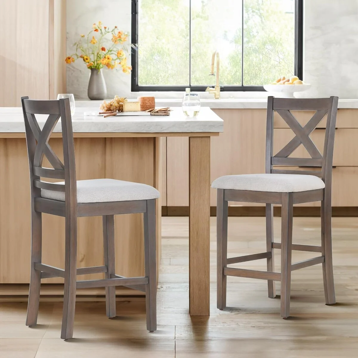 25 Inch Mid Century Wooden Counter Height Bar Stools with Backs