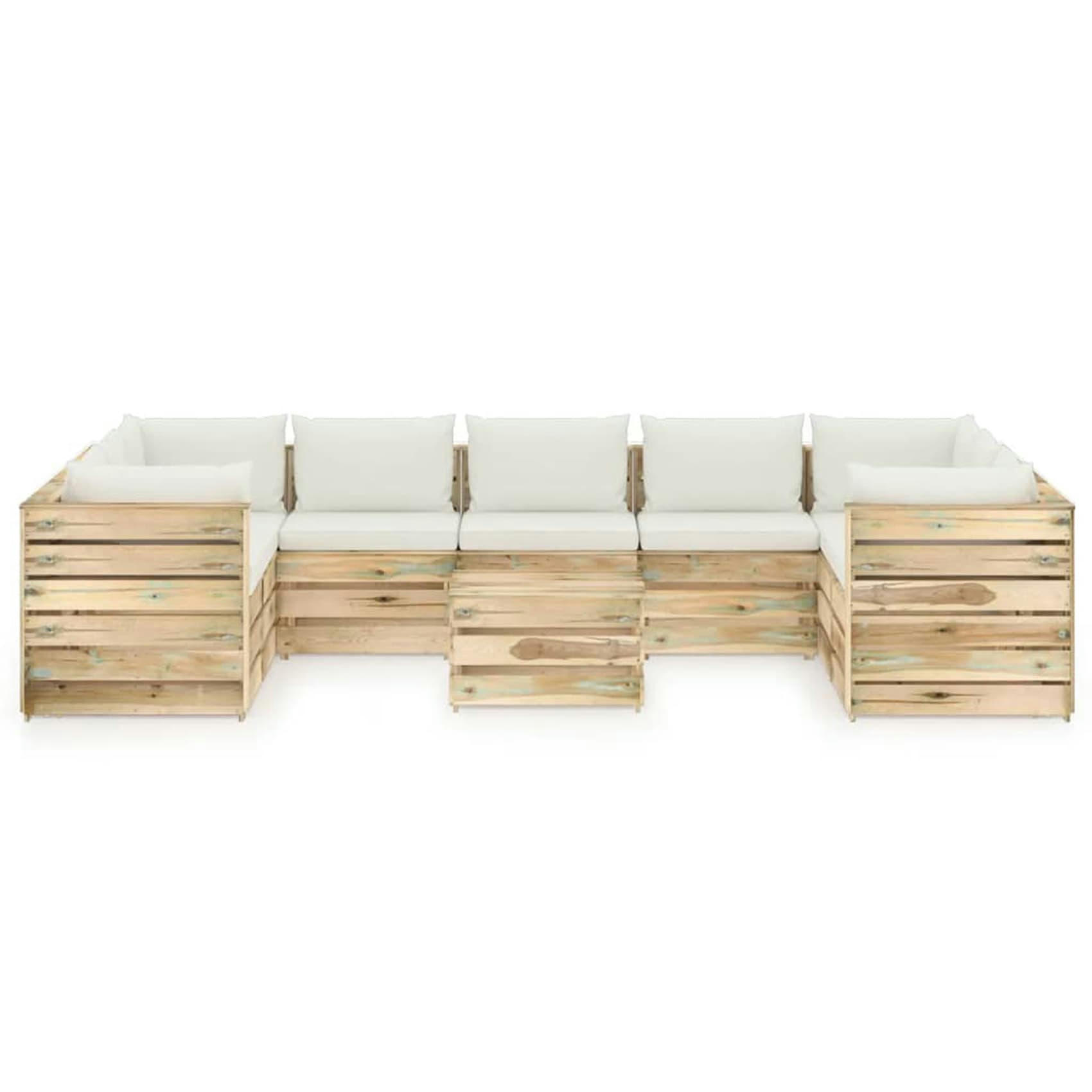 - Salon détente en palette avec coussins colorés bois blanc cassé