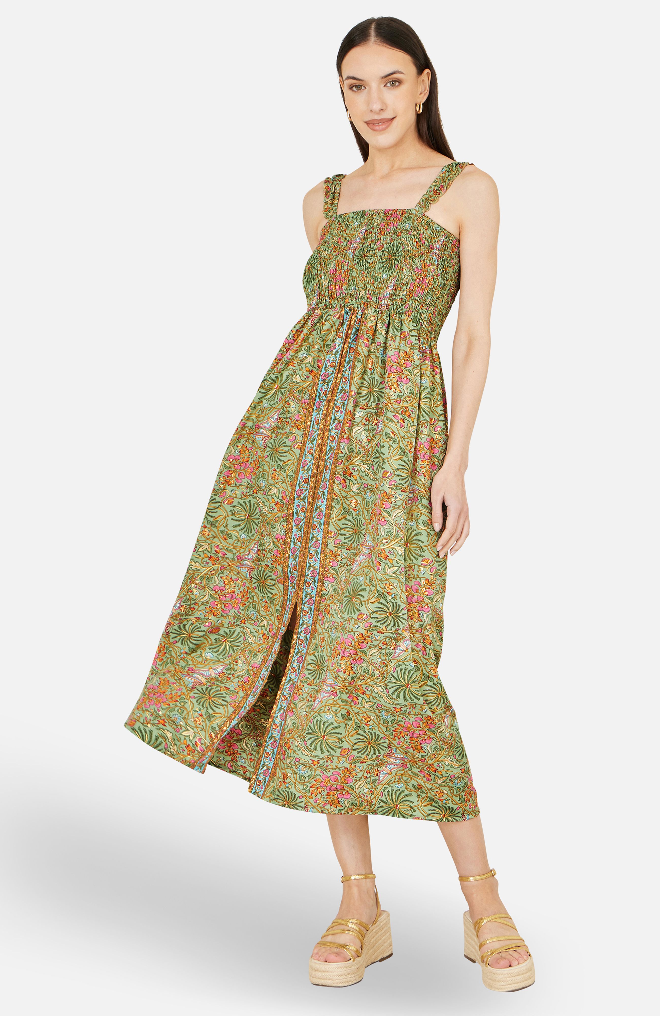 Yumi Green Foil Palm Print Ruched Maxi Dress With Border Detail