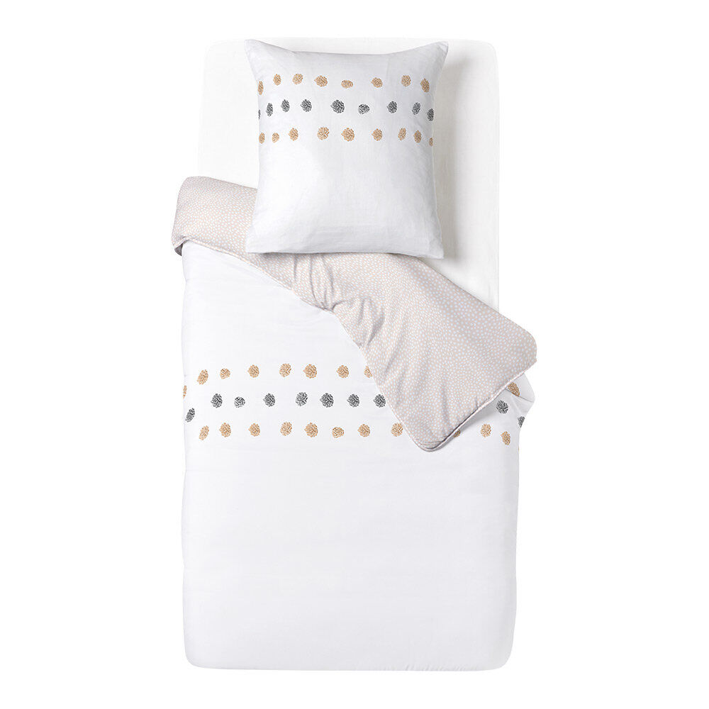 Parure de lit 1 personne 140x200cm réversible pompon tufté blanc