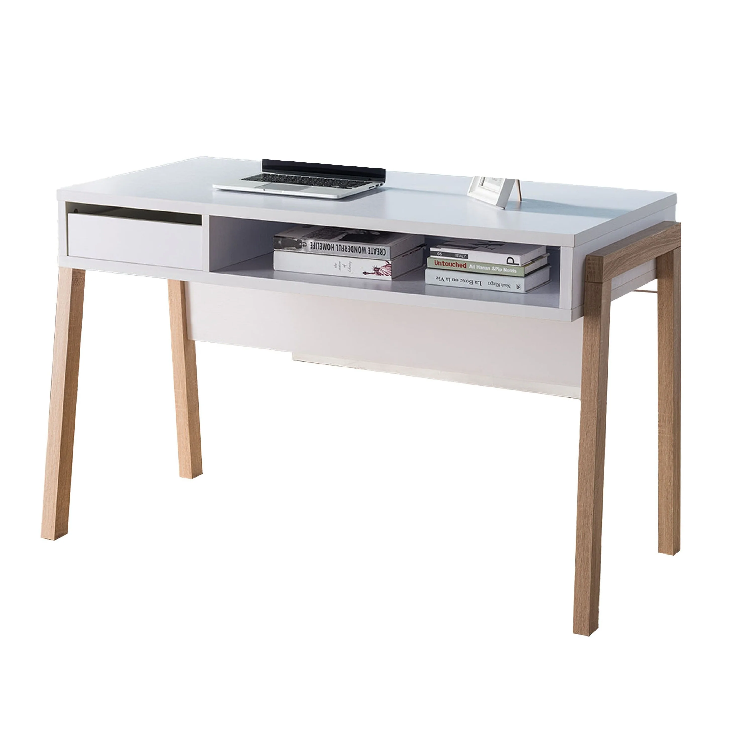 Writing Desk, 1 Drawer and Open Shelf, 47 Inch, Modern White and Brown