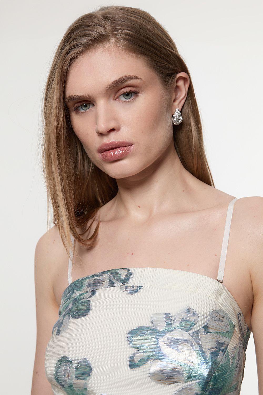 KarenMillen Tall Diamante Trim Bodice Detail Metallic Jacquard Prom Dress