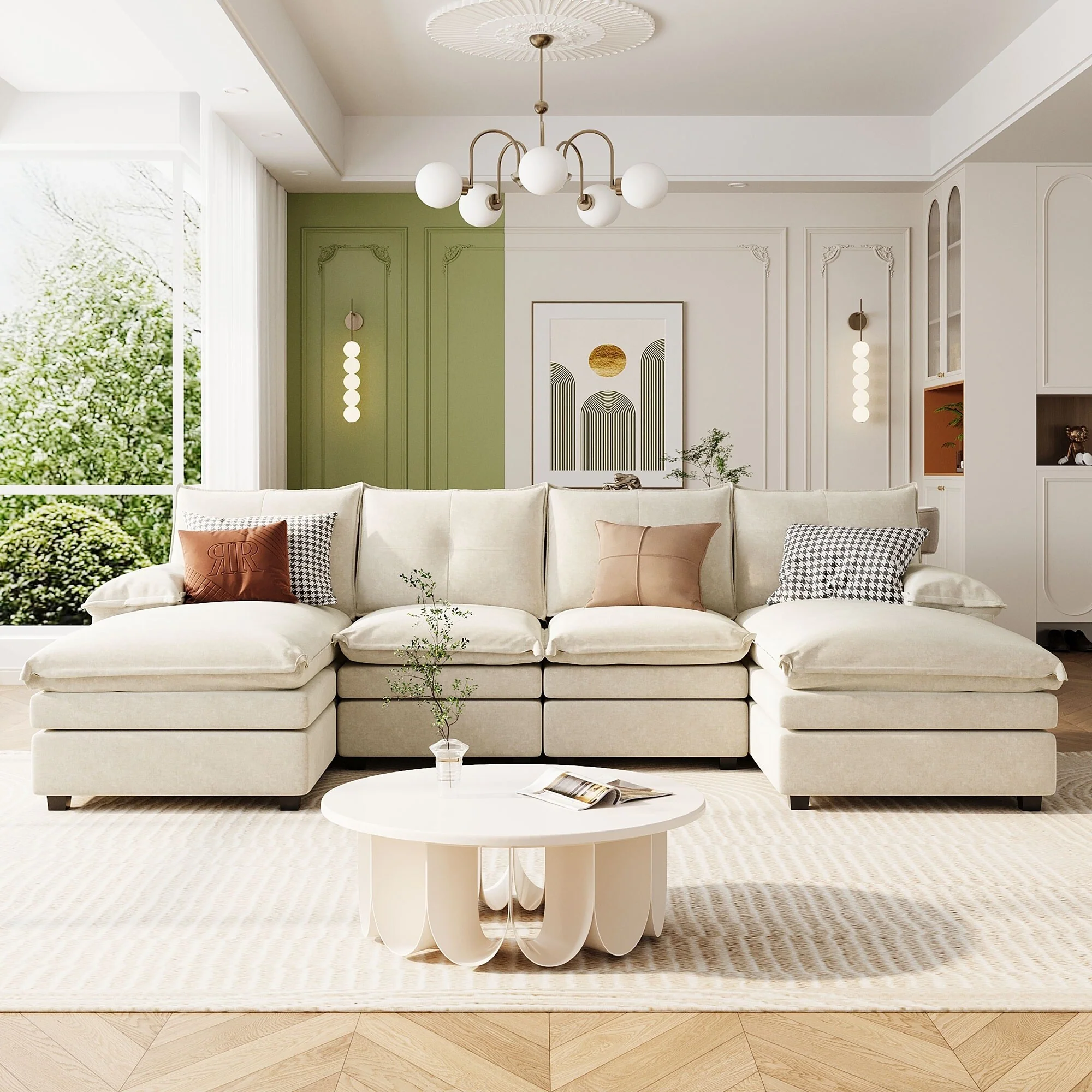 U-Shaped Chenille Sectional Sofa, Upholstered Deep Seat Couches with Adjustable Armrest Pillows and Button Tufted Backrest