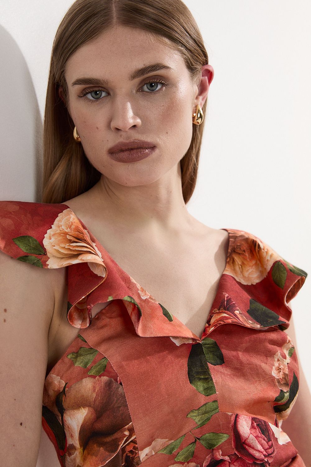 KarenMillen Linen Viscose Floral Printed Woven Ruffle Detail Top