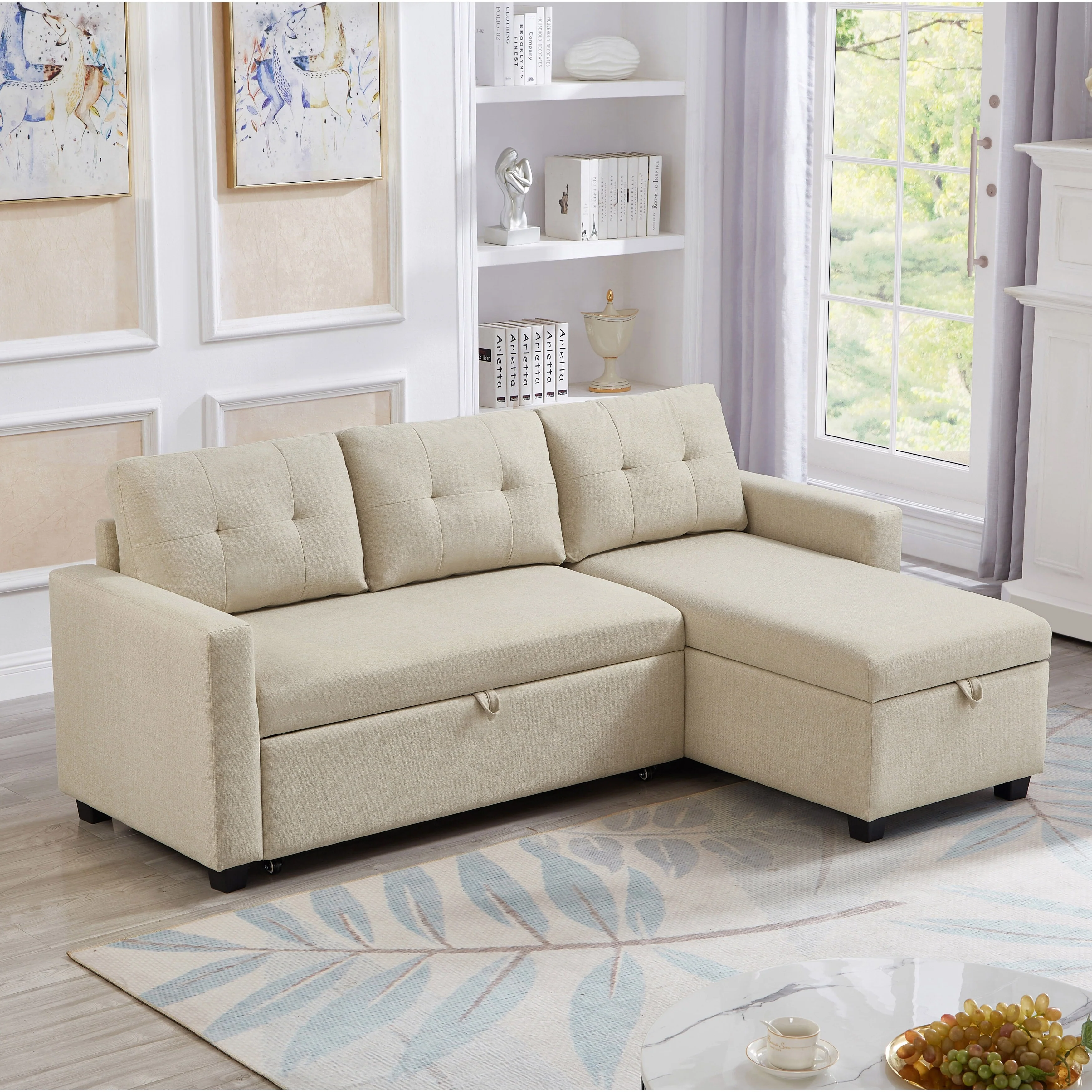 81.5'' Upholstered Convertible 3 Seater Sleeper Sofa with Pull-Out Bed, Reversible Storage Chaise, and Back Cushions