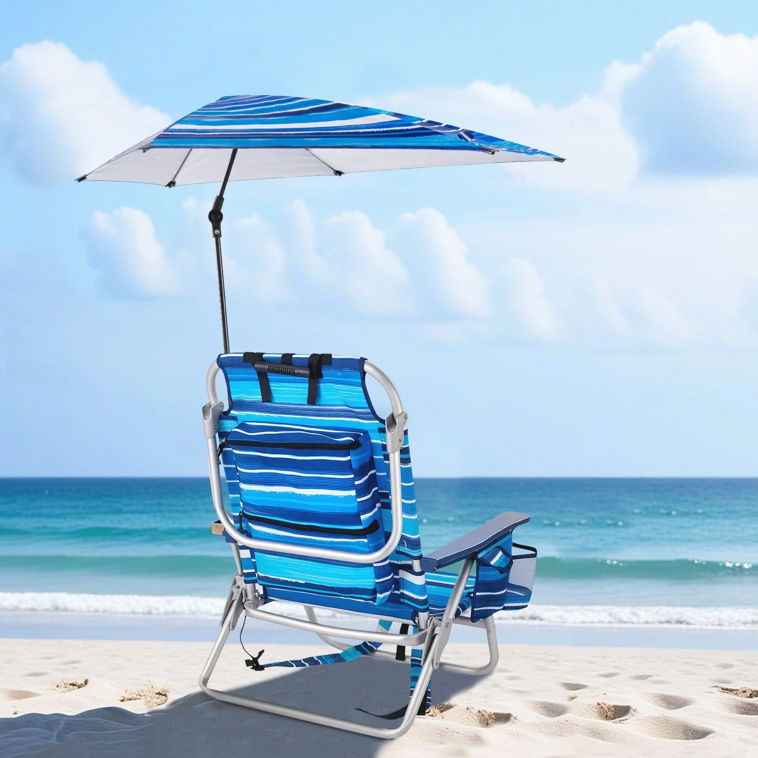 BOSSIN Outdoor Beach Chairs with Umbrella,Folding Backpack Beach Chair with Pockets and Cup Holder,Adjustable height Towel Rack
