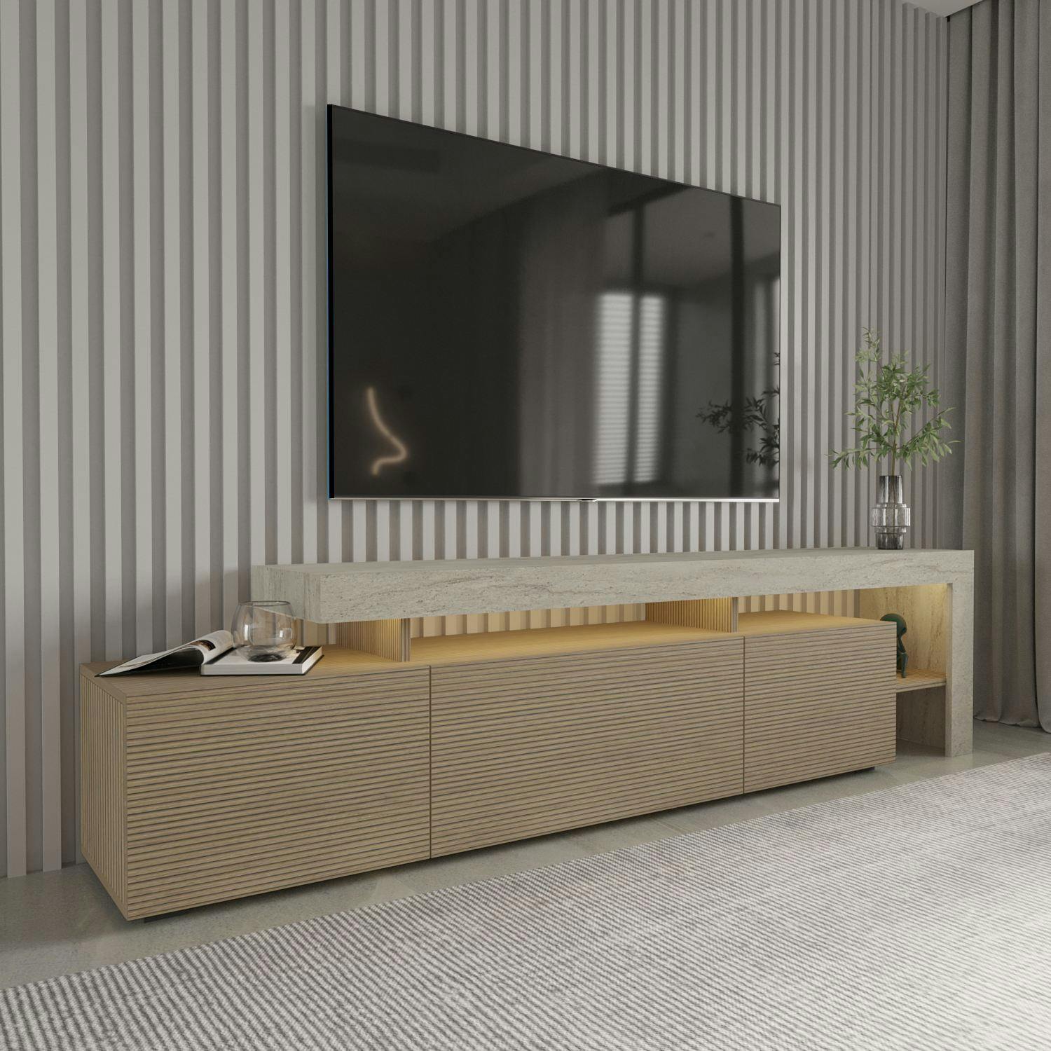 Meuble TV 3 portes décor bois travertin cadre ouvert AURA