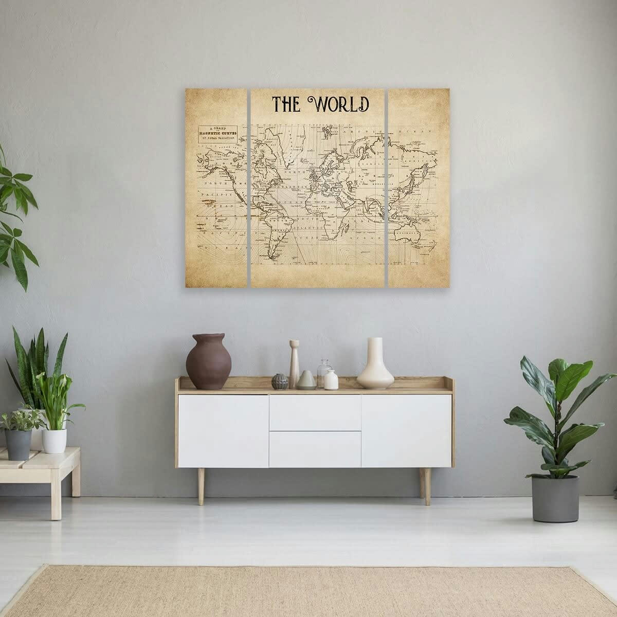 CLASSIQUE INTEMPOREL - Triptyque sur toile world map 125x97 cm