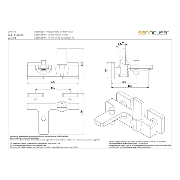 Mitigeur mural pour baignoire design plat épuré fonction douche SANINDUSA Line 42 couleur noir et chrome livré avec rosaces