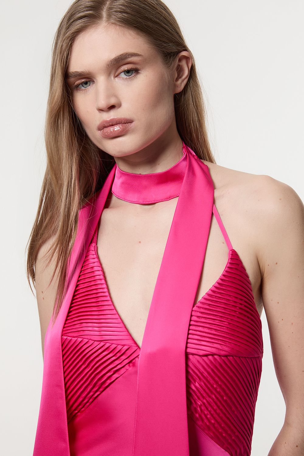 KarenMillen Satin Halter Pleated Woven Maxi Dress
