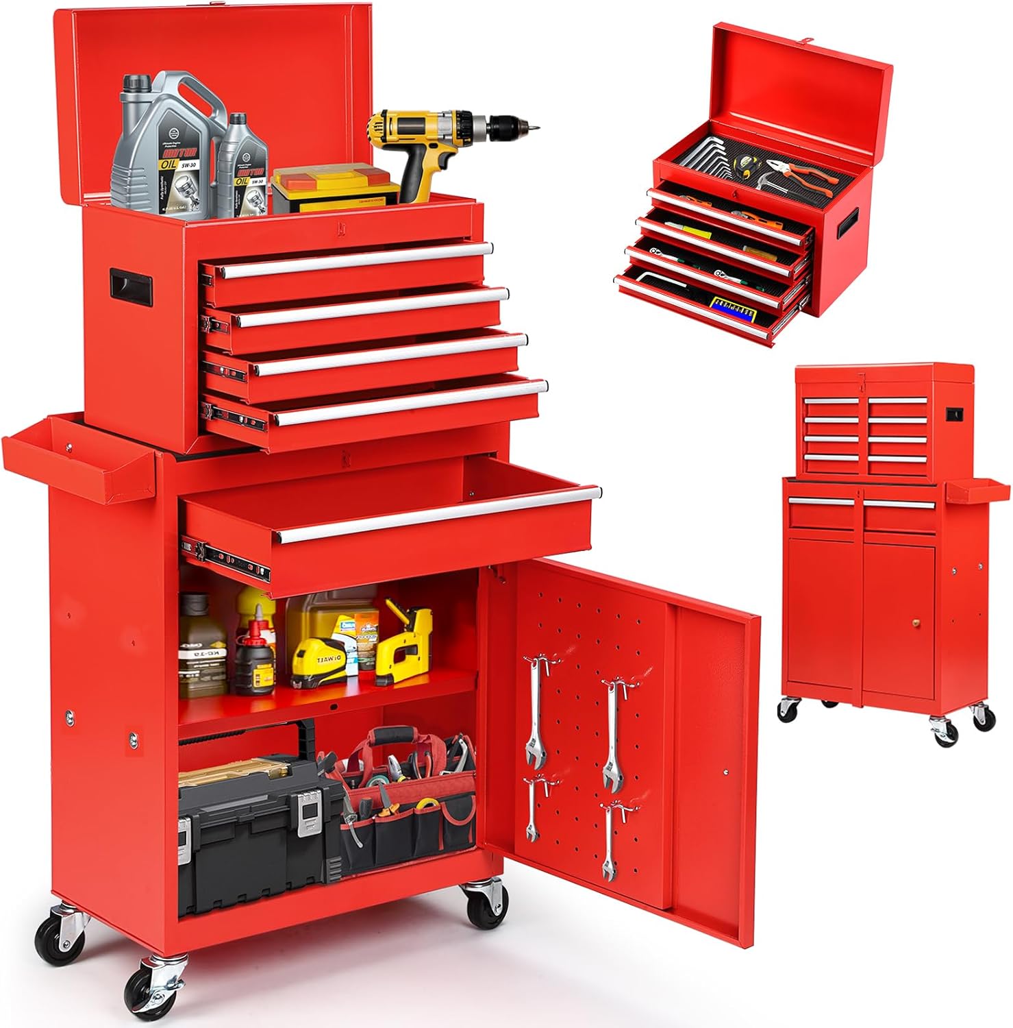 5-Drawer Rolling Tool Chest – 2-in-1 Lockable Tool Box with Wheels, Sliding Drawers & Detachable Top – Garage & Workshop Storage Cabinet, Red