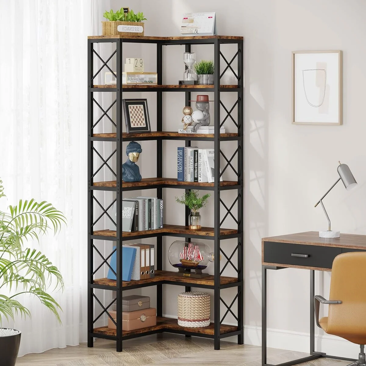 7-Shelf Corner Bookshelf Bookcase for Living Room Home Office