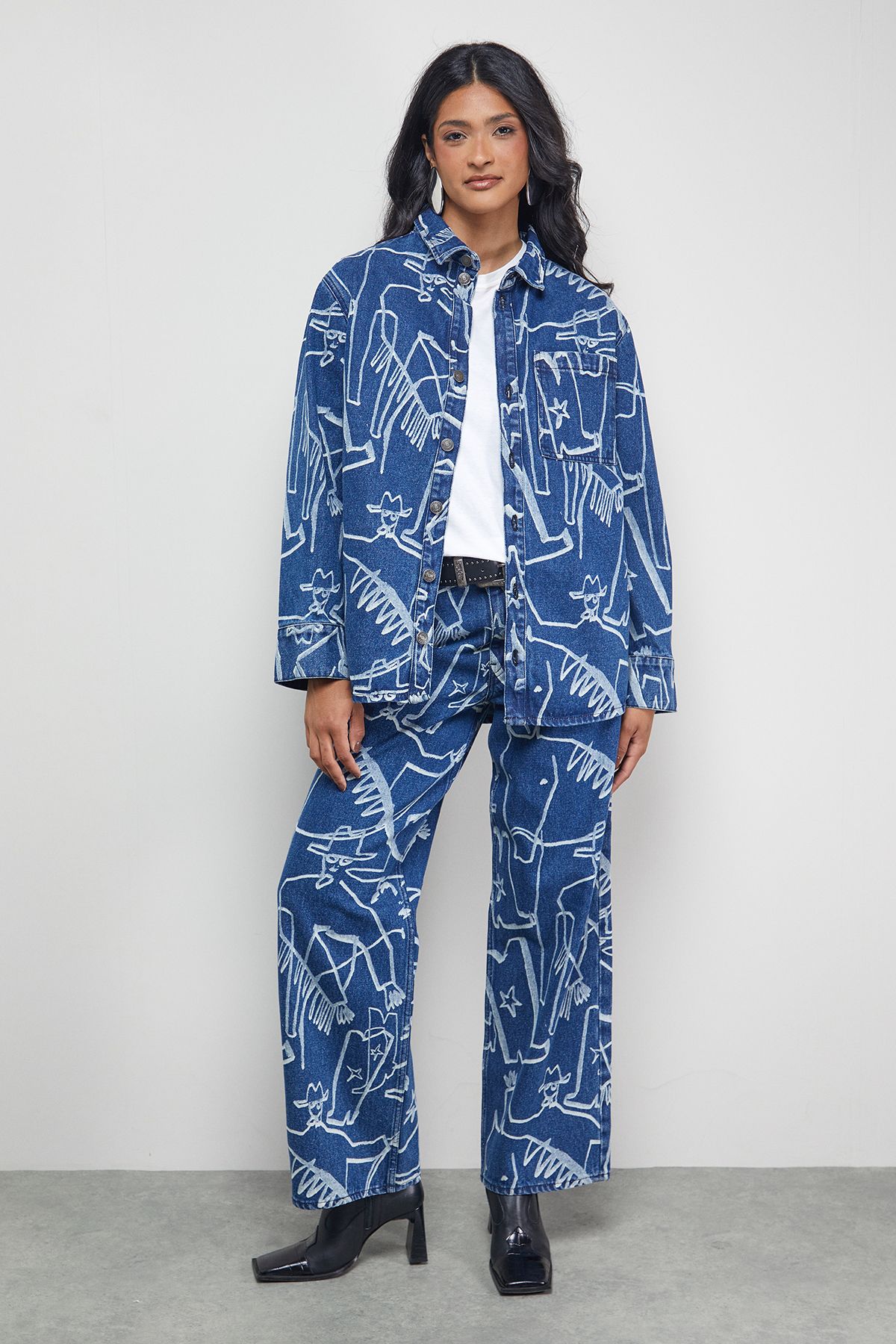 Warehouse Tony Printed Wide Leg Denim Jean Co-ord