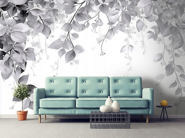 Papier Peint Panoramique Intissé Feuilles Suspendu Gris - 400x280 cm - Papier Peint Chambre et salon