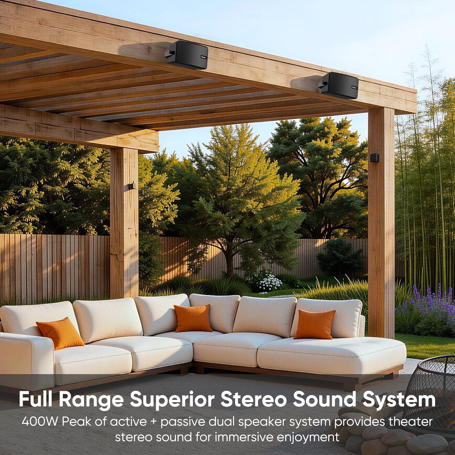 Inwa Upgraded 400W Outdoor Bluetooth Speakers Pair - Active Passive Wall Mount Stereo Speaker, Wireless Multi-Speaker Connection with Auracast, Sound System w/Aux for Porch, Patio, Garage, Home