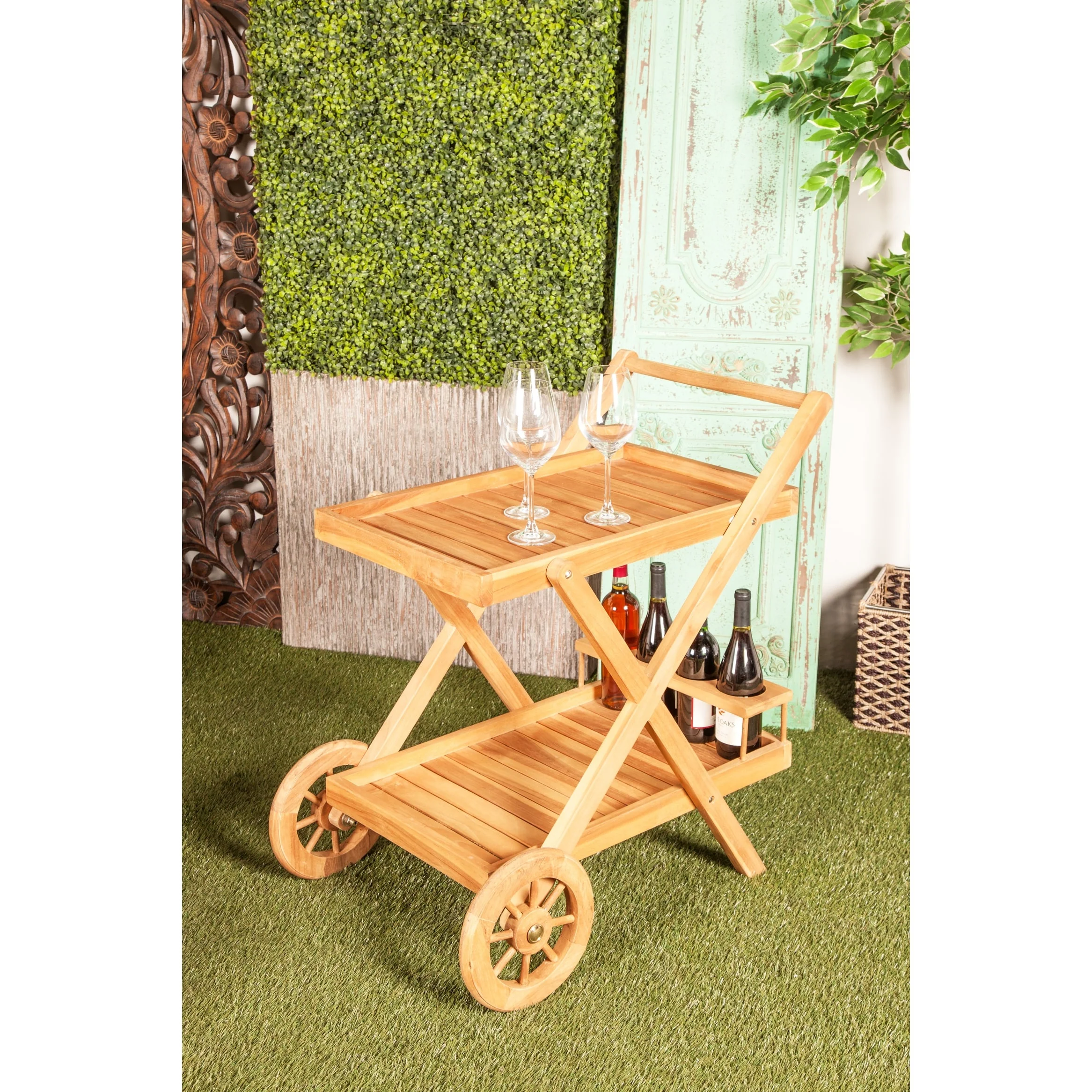 Teak Wood Indoor Outdoor Rolling 2 Shelves Bar Cart with Wheels and Handle - Brown - Roche River Decor - 21W x 32L x 32H