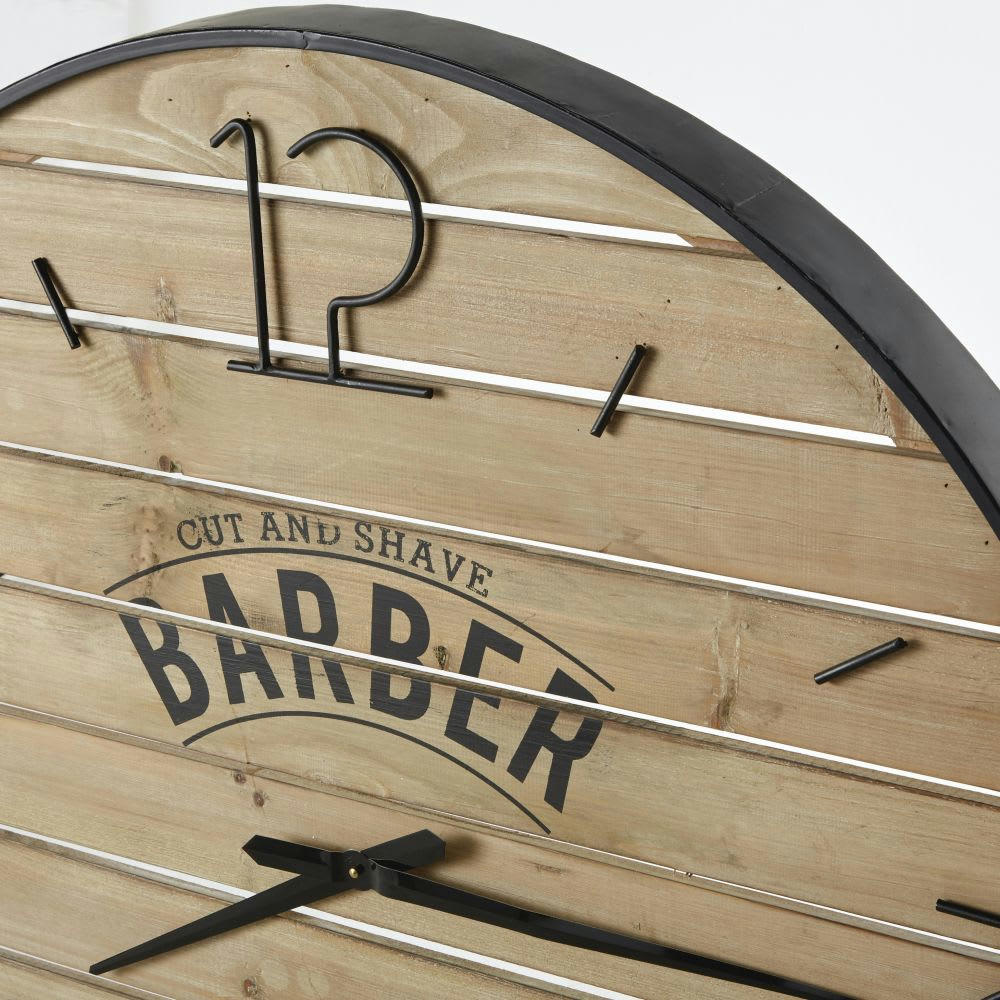 BARBER - Horloge murale lattes en sapin imprimé et métal noir D95