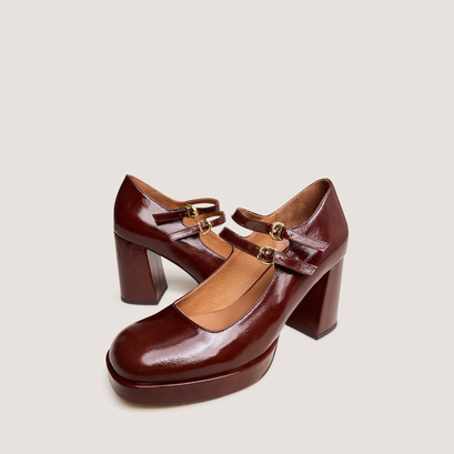 Babies à doubles brides et plateformesen cuir brillant marron | VERITE