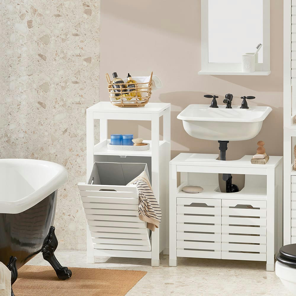 - Meuble bas de salle de bain 1 panier bac à linge effect bois blanc