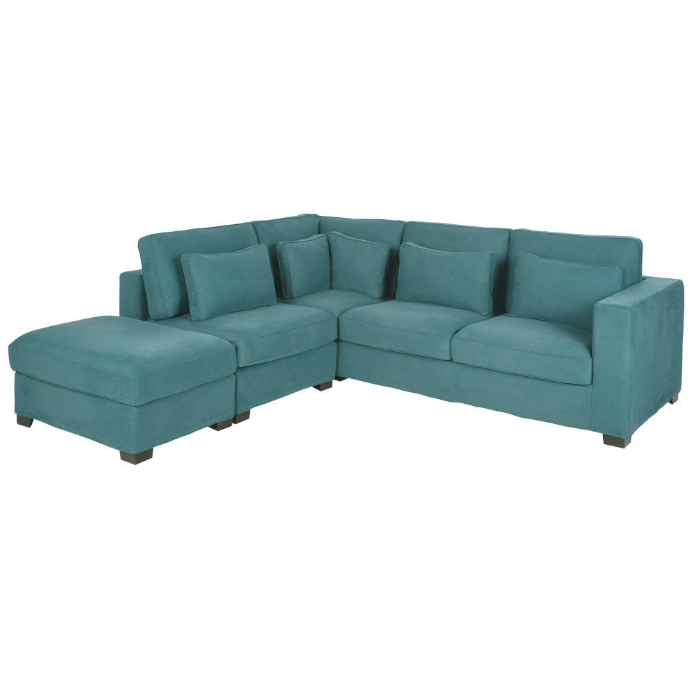 Milano - Canapé d'angle 4/5 places en coton et lin bleu canard