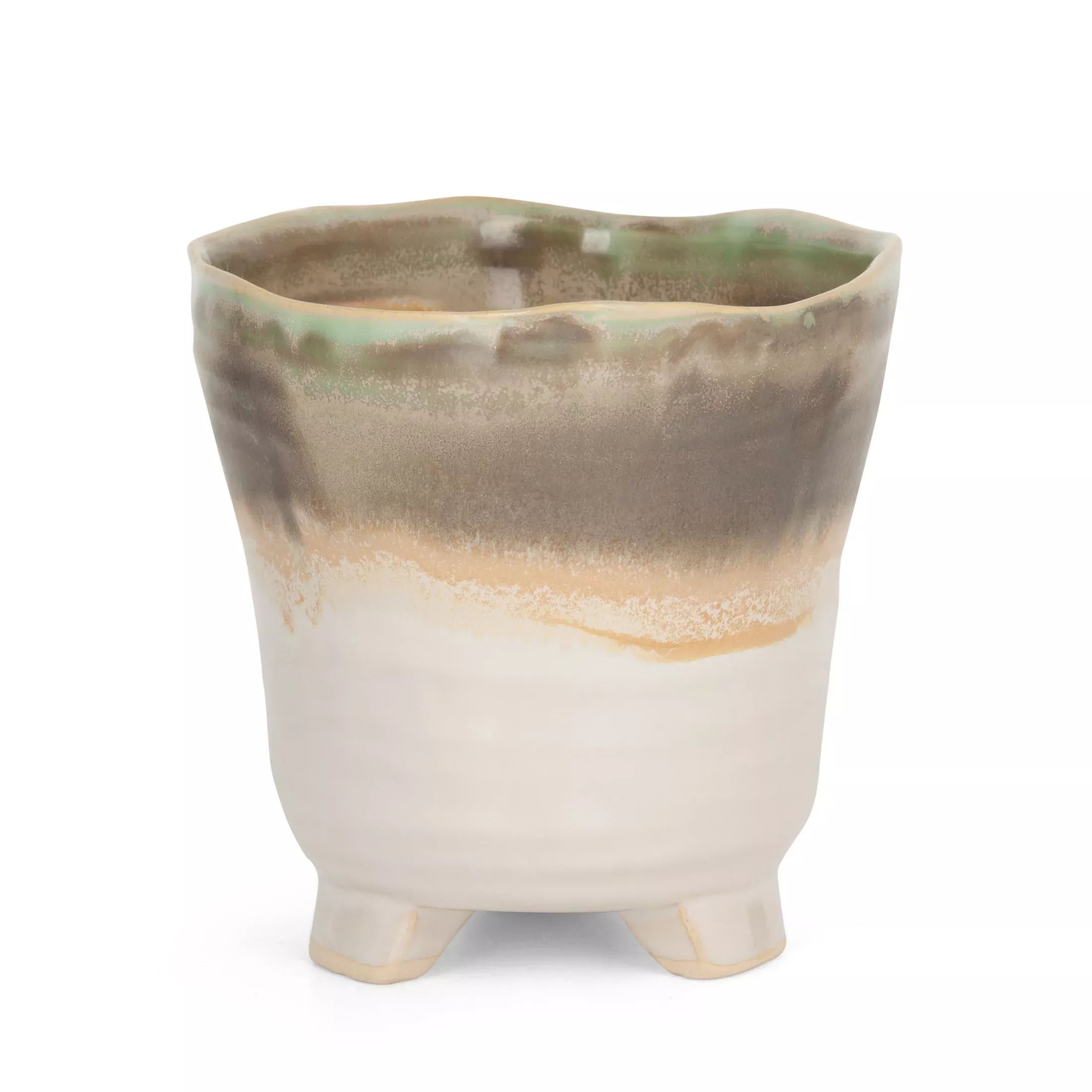 Osłonka ceramiczna na donicękremowo-beżowa w stylu boho z cieniowaniem średnica 13x13 cm KATIA