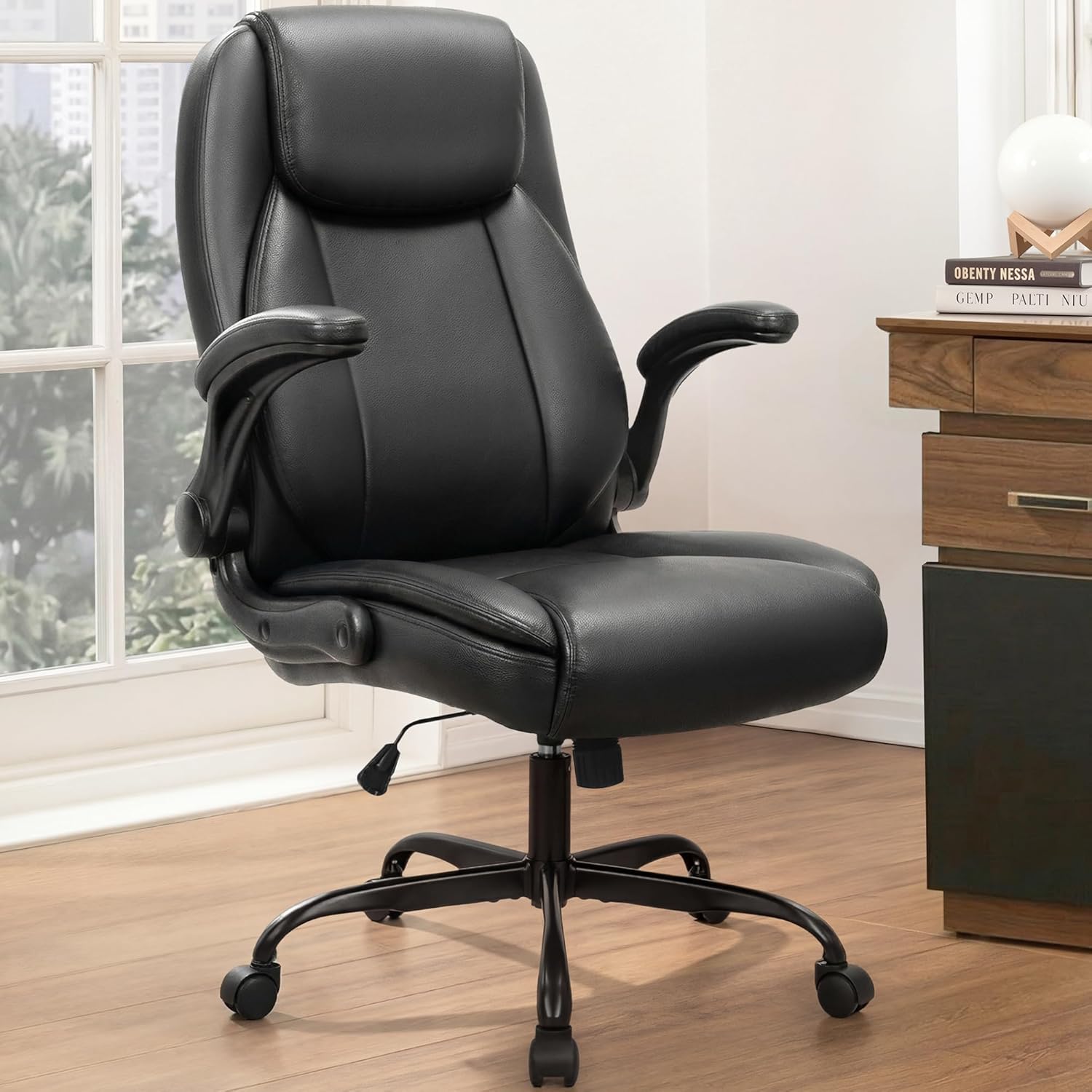 NEO CHAIR Office Desk Gaming Computer Home Chair Ergonomic Executive High Back Support Flip-up Arms Adjustable Height Swivel Rolling Wheels Comfy PU Leather (Black)