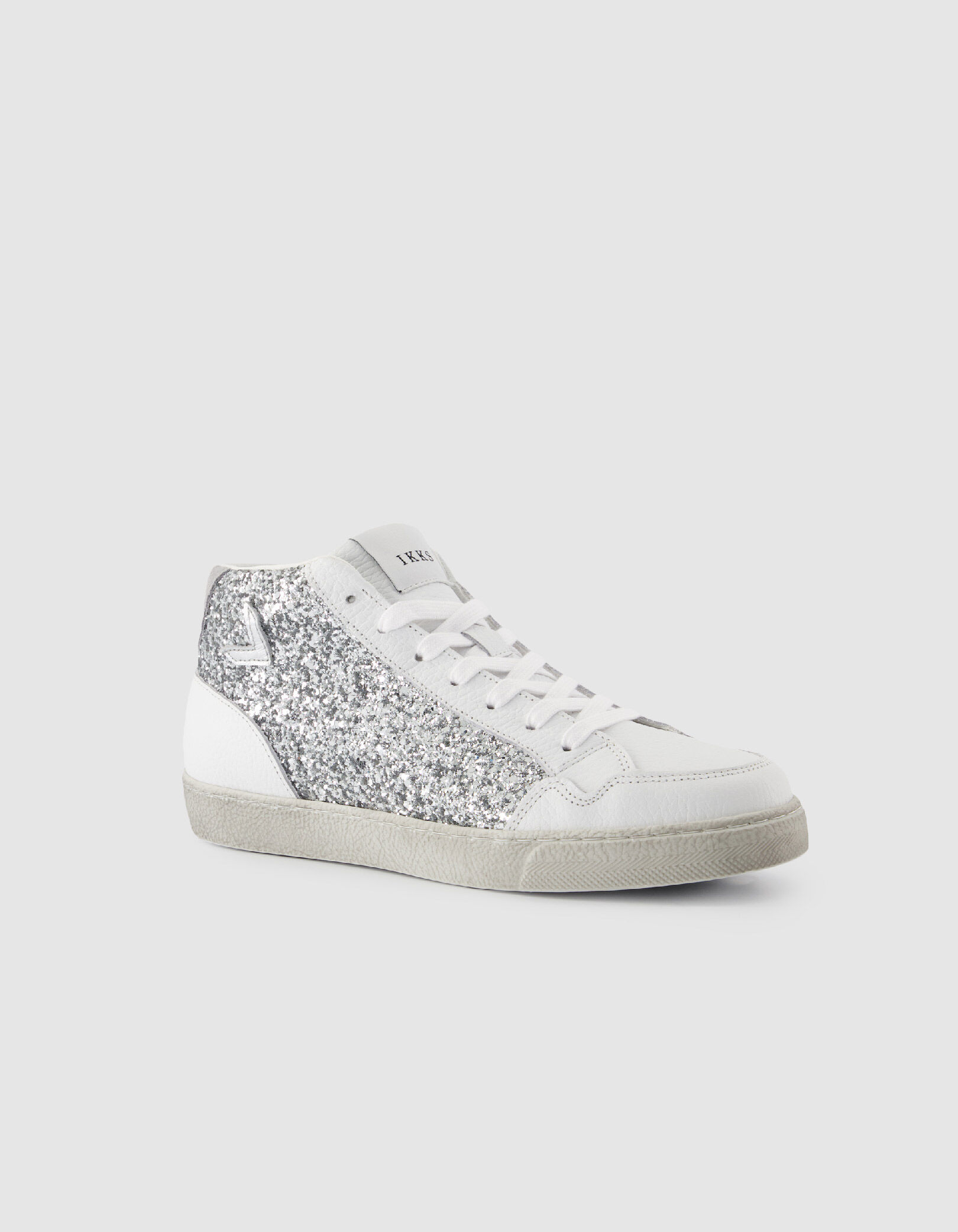 Baskets montantes blanches cuir et paillettes grises Femme
