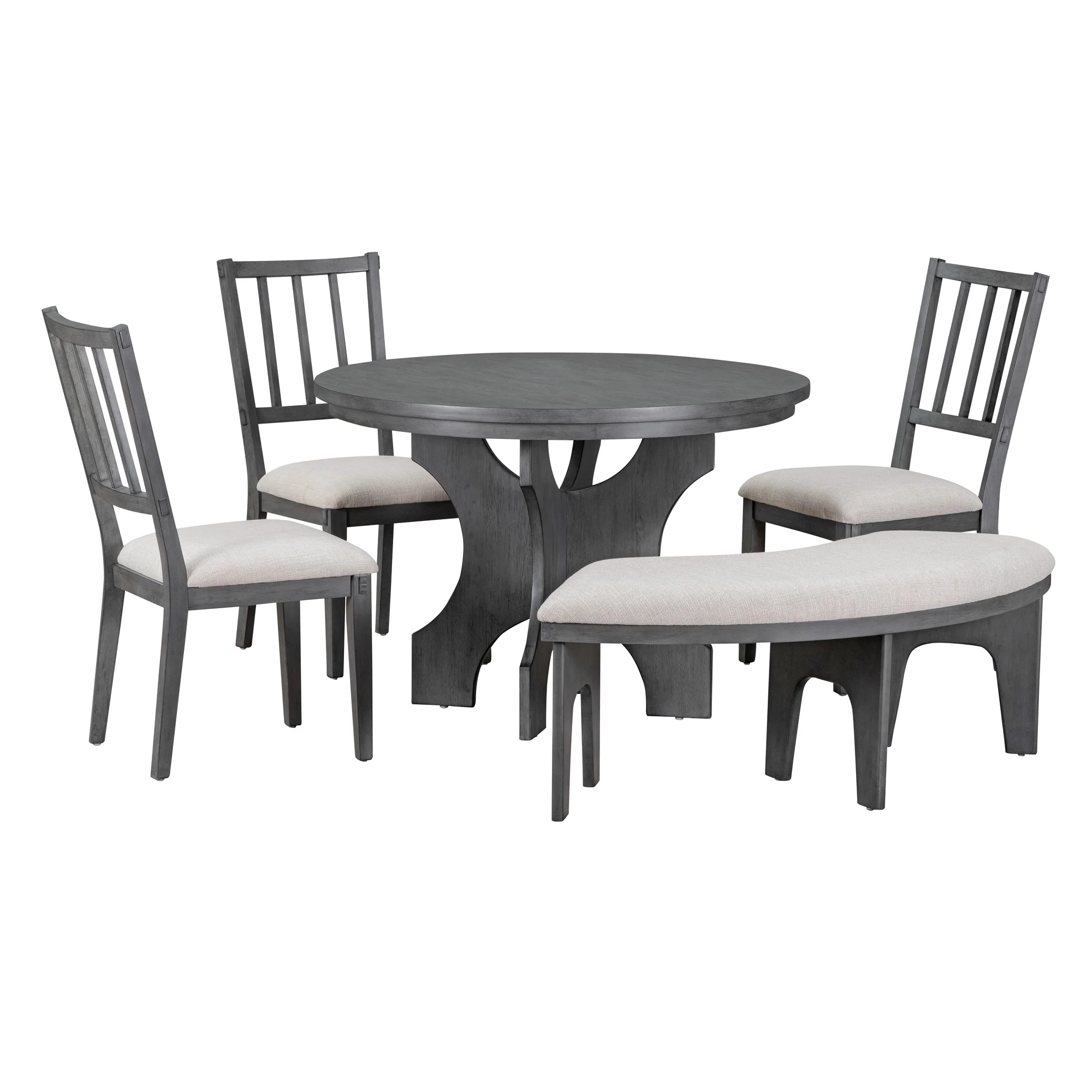 Rustic Style 5-piece Dining Set with Round Table, 3 Upholstered Chairs and Side Chairs