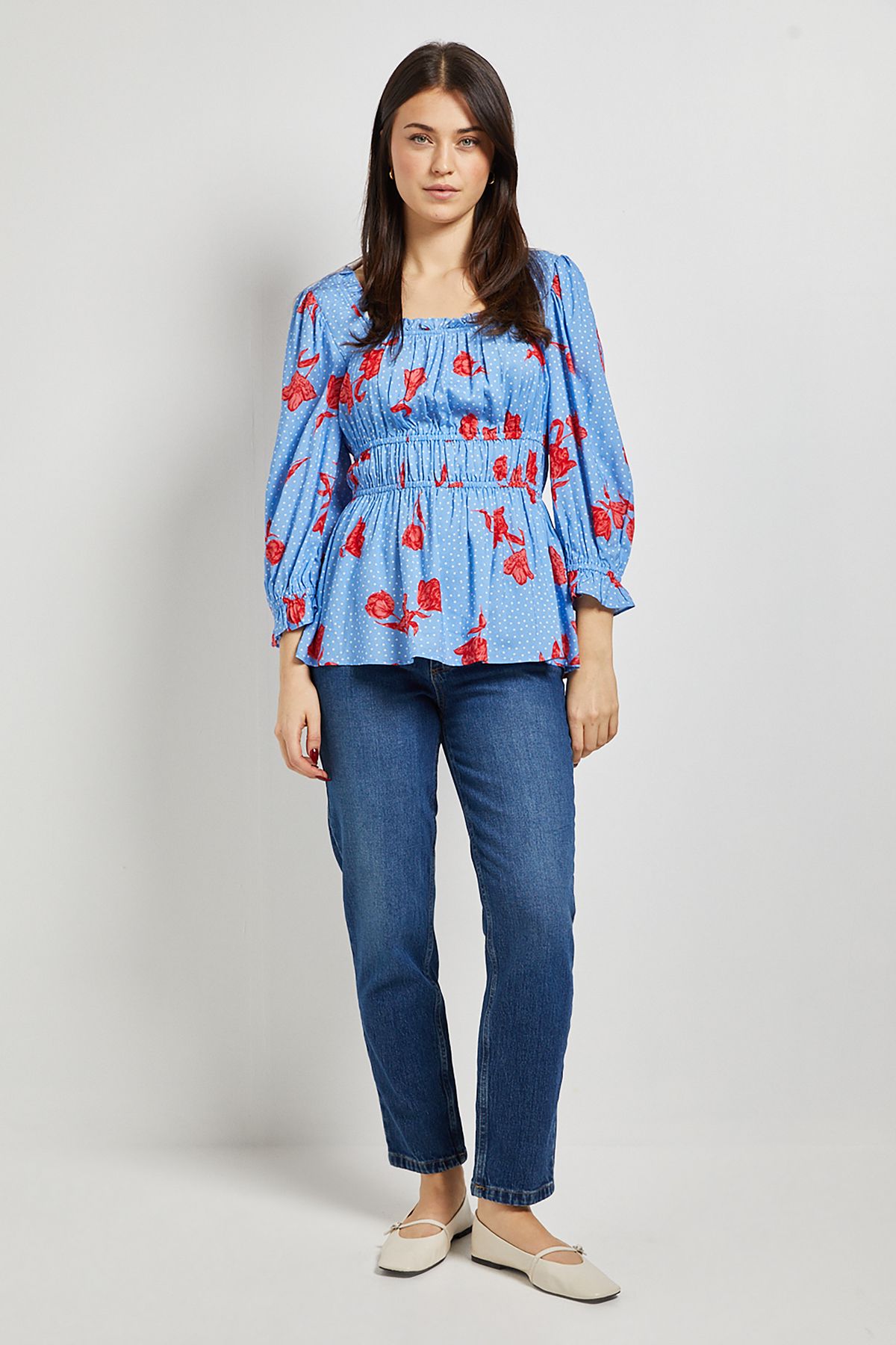 Dorothy Perkins Blue Floral Square Neck Blouson Sleeve Top