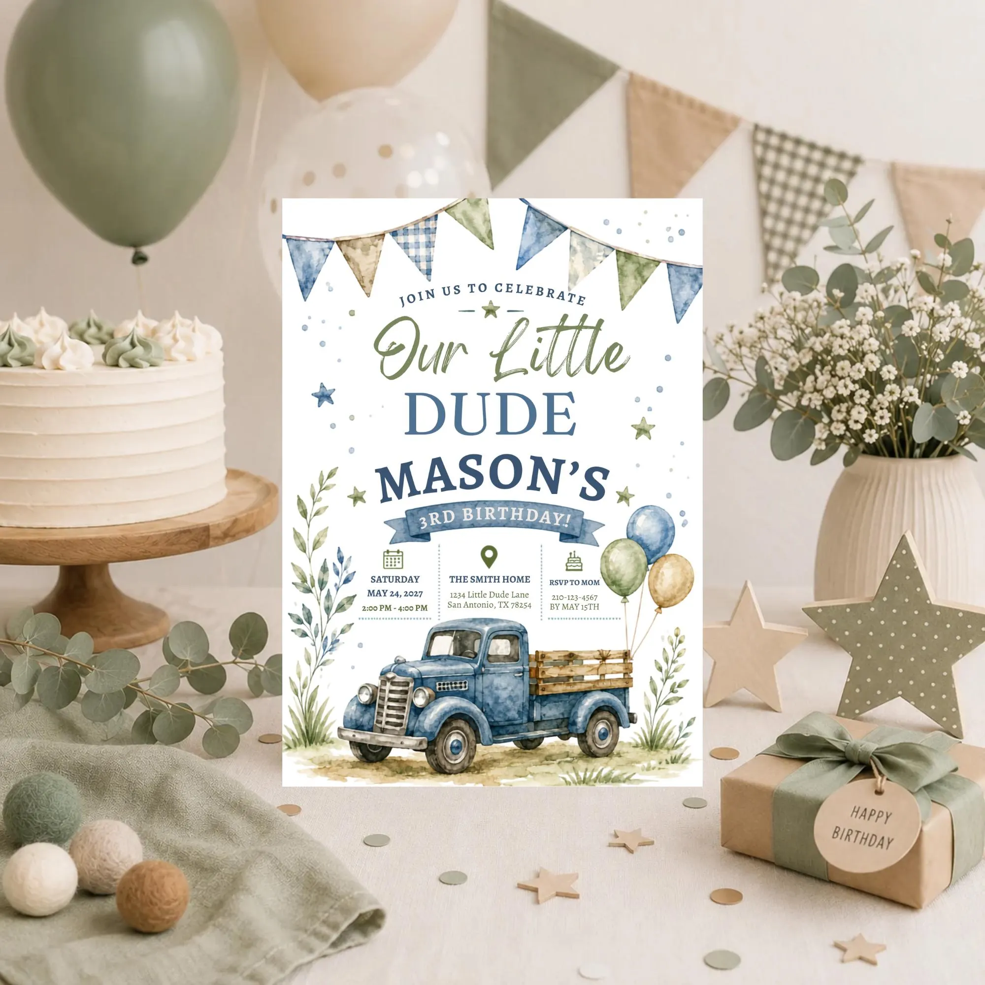 Toddler Boy's Birthday Invitation Template, Editable Canva Invitation, Mobile Invitation, Blue Truck Birthday Invite