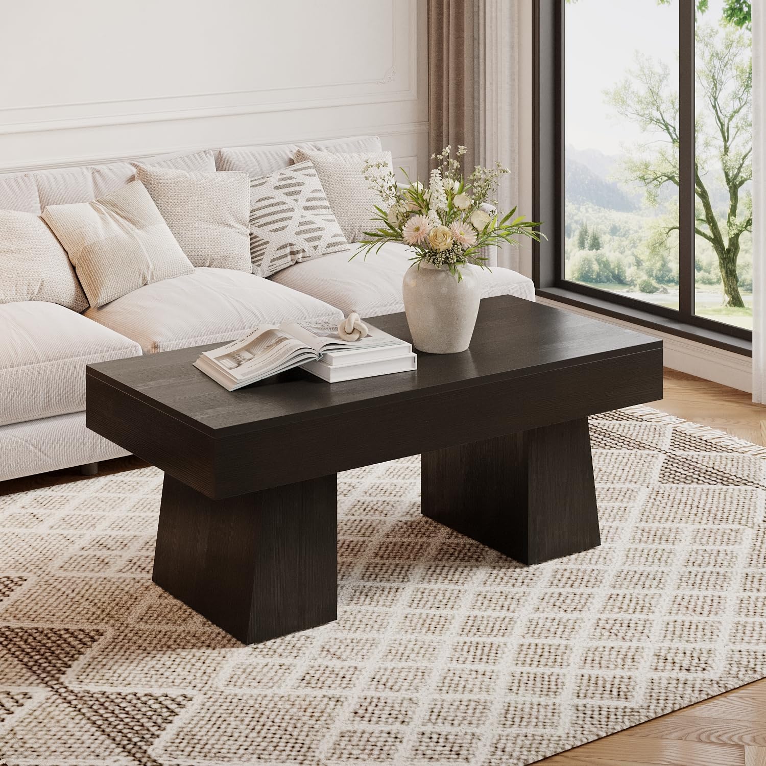 LITTLE TREE Farmhouse Coffee Table, 47 Inches Wooden Rectangular Accent Center Tables with Thick Base, Modern Low Cocktail Tea Furniture for Living Room (Black)