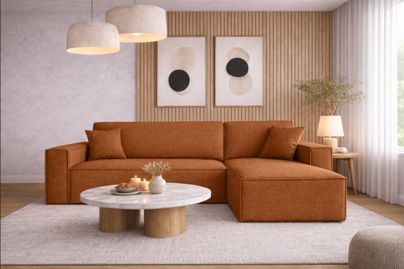 Sofa w kształcie L BEST narożnik tkanina Neve, Miedziany Prawostronny