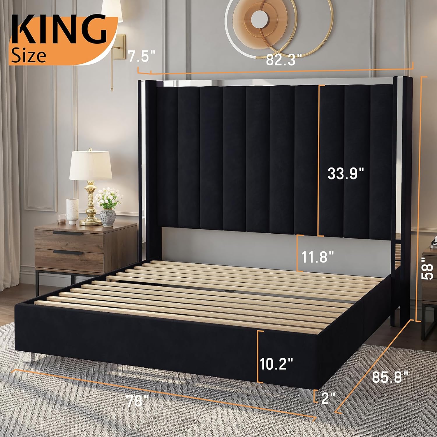 Jocisland King Size Bed Frame with 58 Tall Headboard, Velvet Upholstered Platform Bed with Channel Tufted Wingback Headboard and Plating Trim, No Box Spring Needed, Black